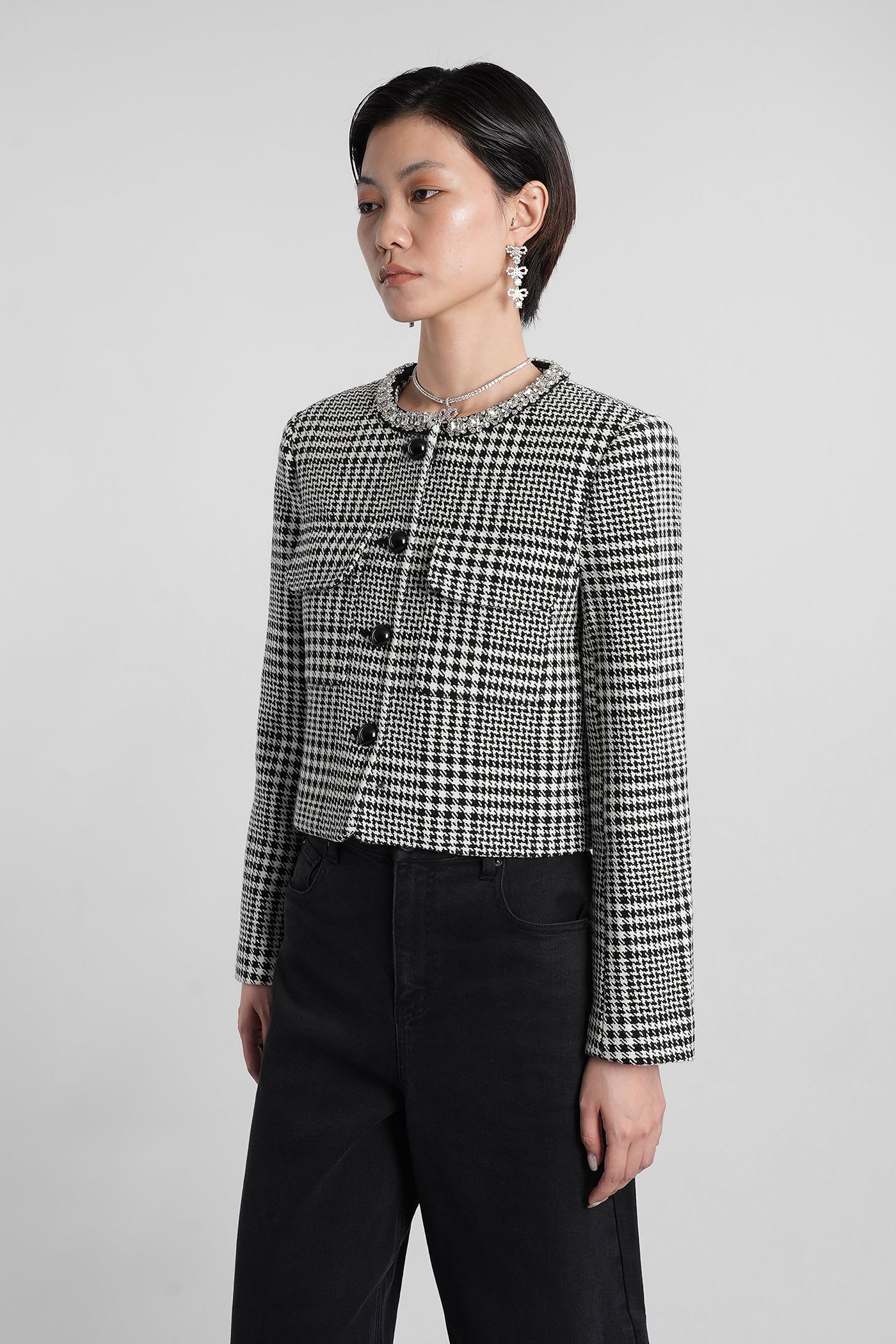 Self-portrait Houndstooth Cropped Jacket In Black