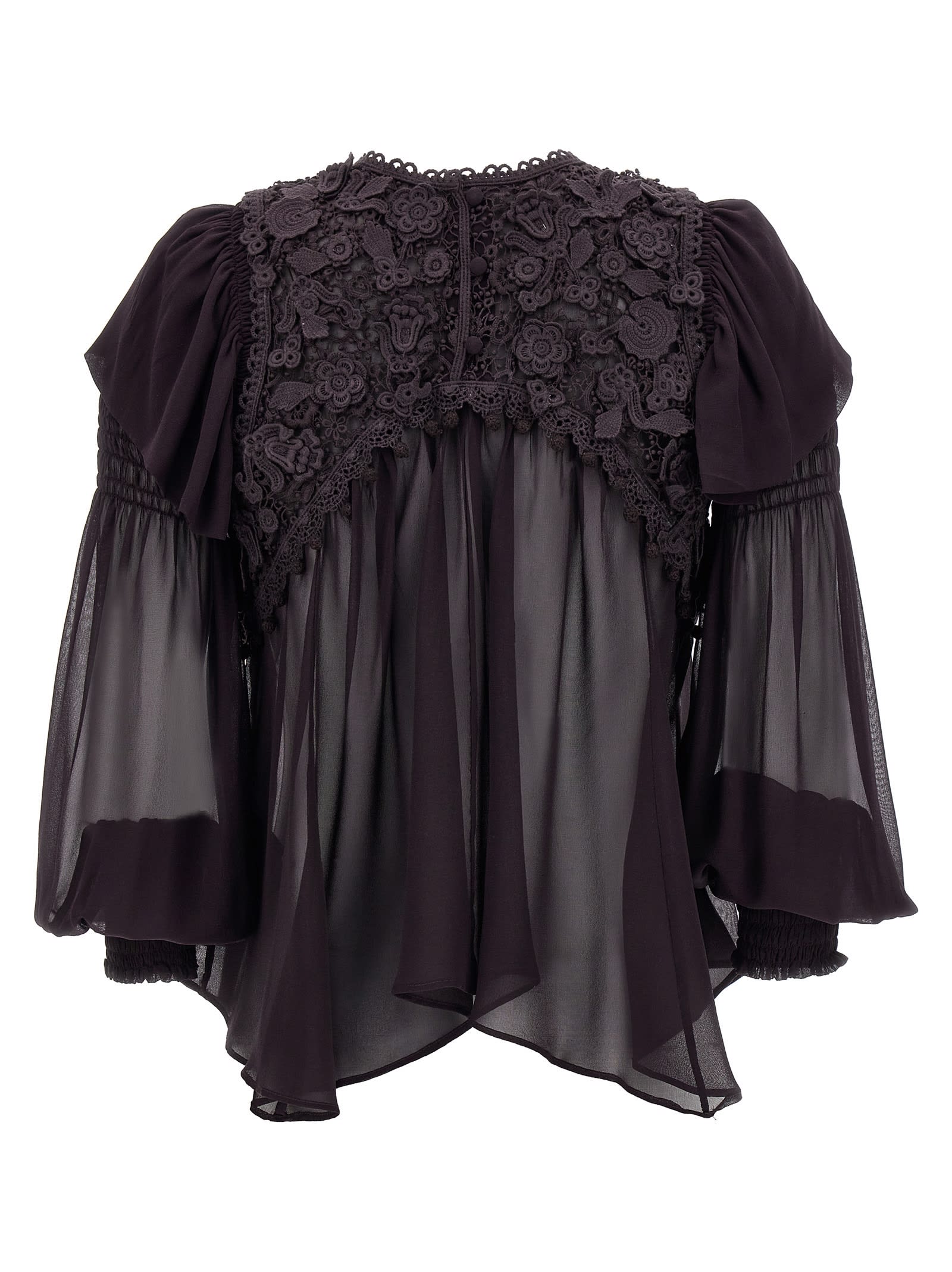 Isabel Marant 'puff Sleeves' Sheer Lace Top With Floral Embroidery In Black