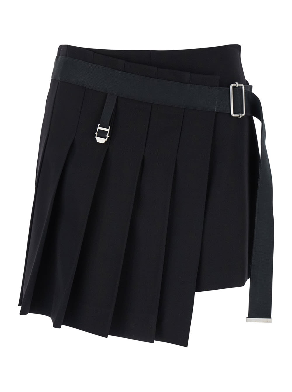 jude Black Pleated Mini Skirt With Waist Belt In Virgin Wool