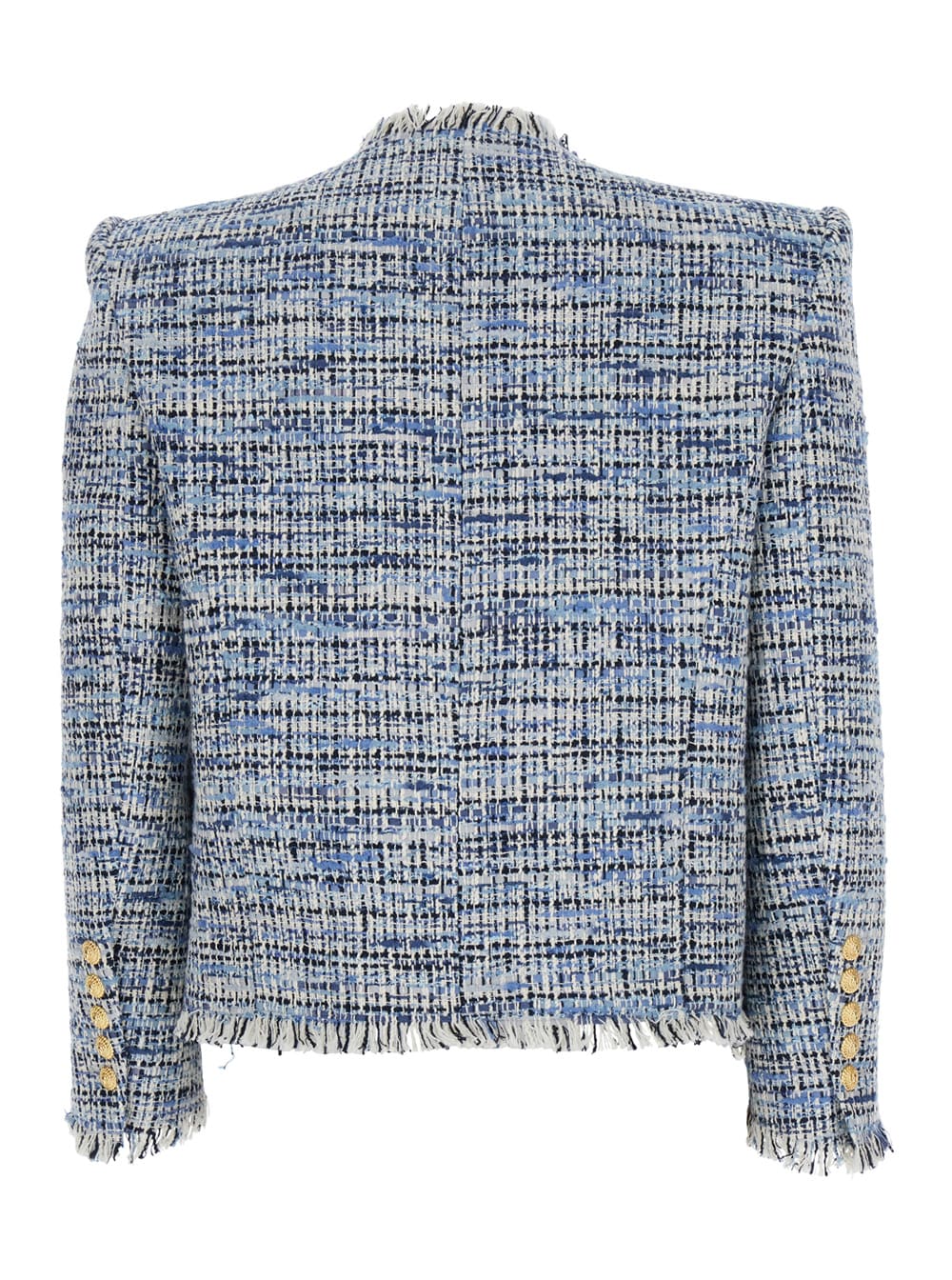Balmain Spencer Button-embellished Frayed Cotton-blend Tweed Blazer In Blu