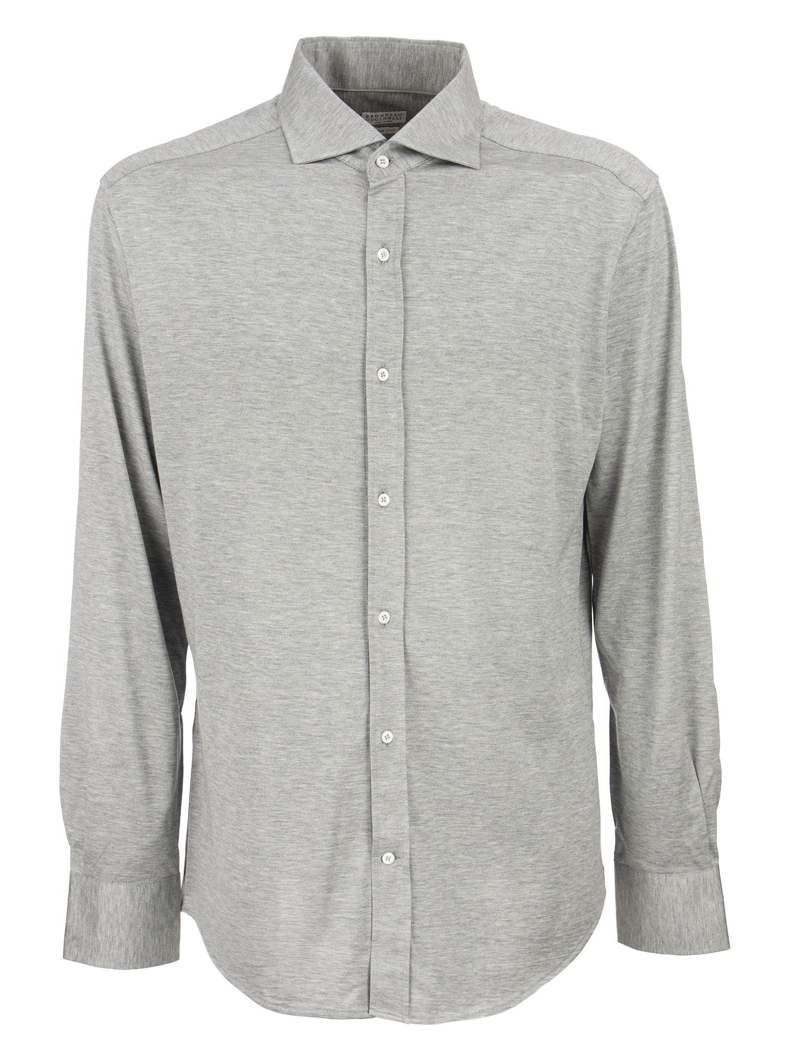 Brunello Cucinelli Slim Fit Shirt In Light Silk And Cotton Jersey With French Collar