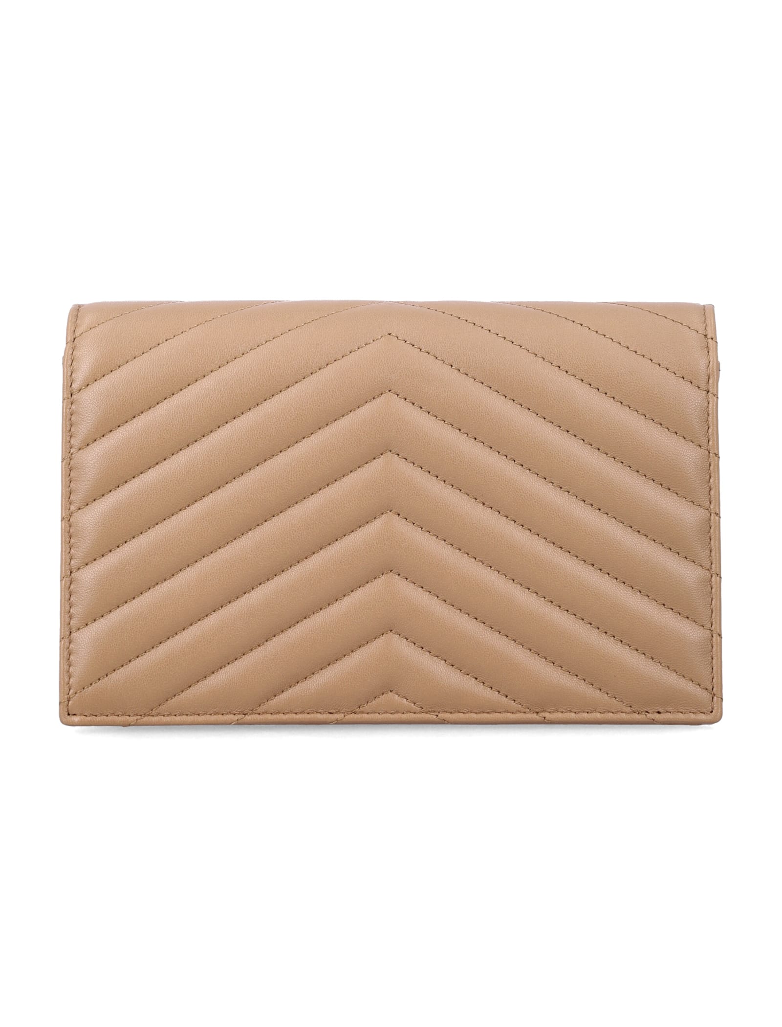 Saint Laurent Cassandre Lambskin Chain Wallet In Brown