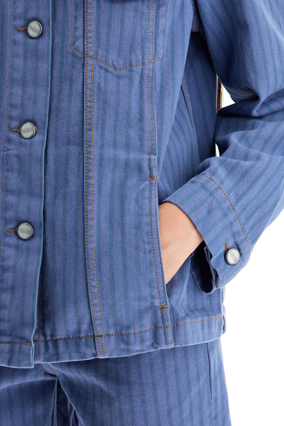 Shop Ganni Striped Overdyed Denim Jacket In Country Blue (blue)