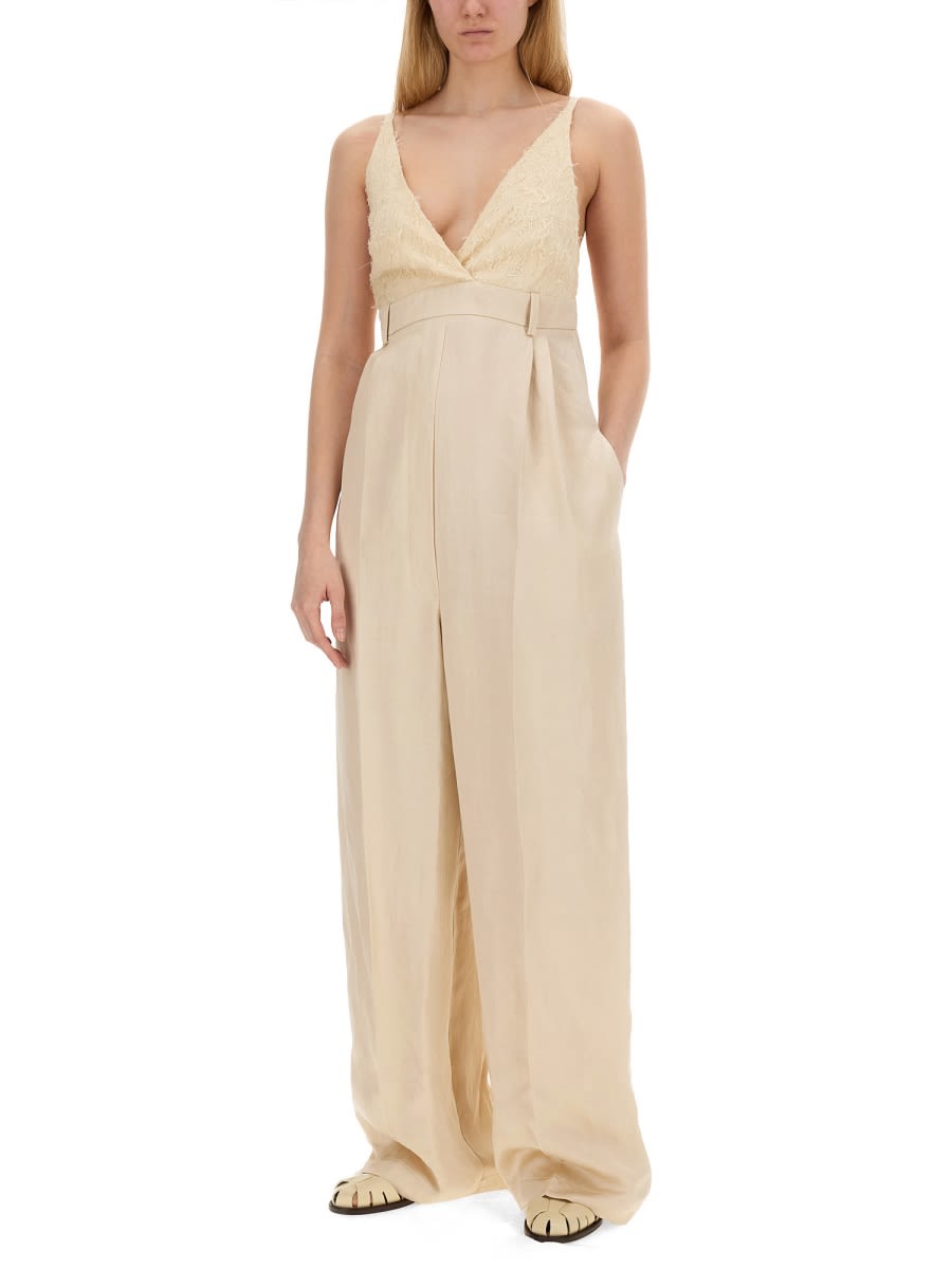 Shop Alysi Malfile Satin Jumpsuit In Beige