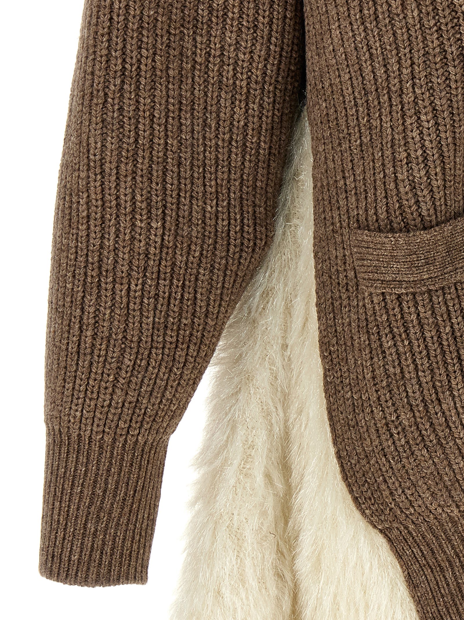 Undercover Asymmetrical Faux Fur And Braided Wool Cardigan In Brown