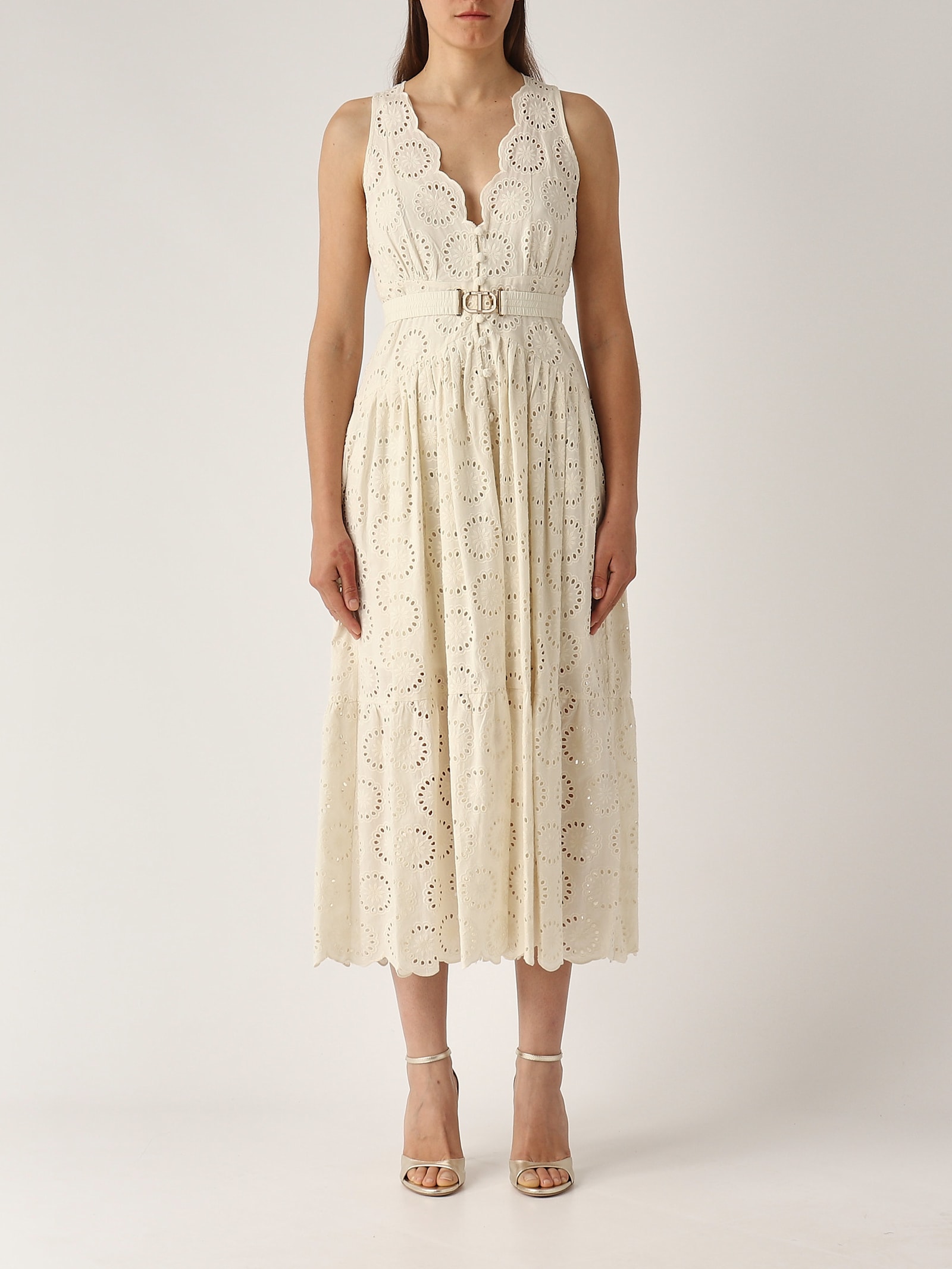 Twinset White Long Dress With V-neck And Waist Belt With Metallic Logo Plaque In Cotton Woman In Neutral