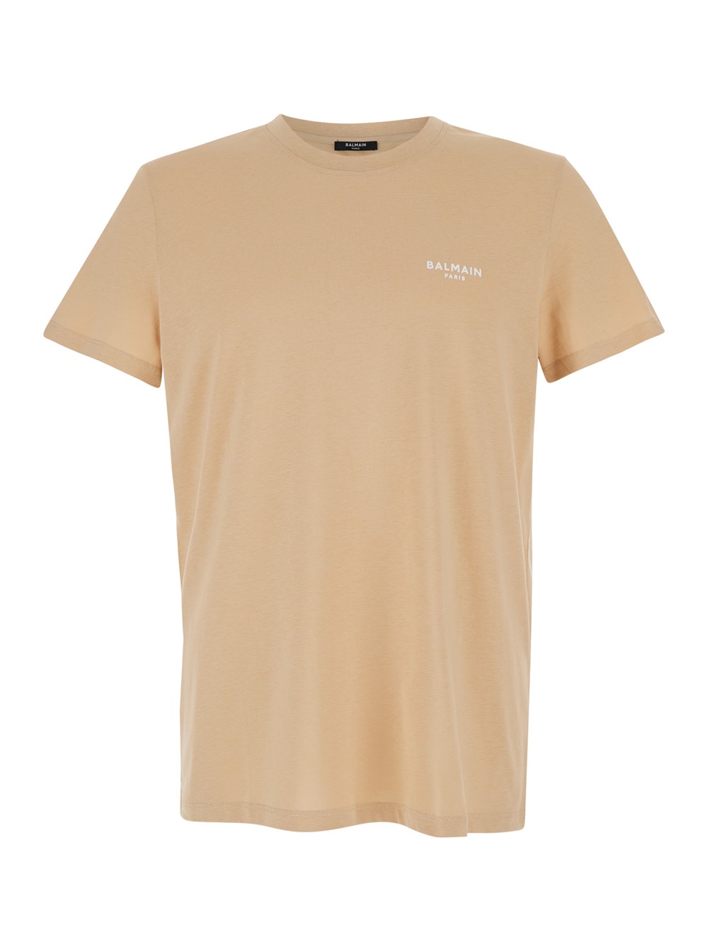 Shop Balmain Beige T-shirt With Logo Lettering Embroidery In Cotton Man