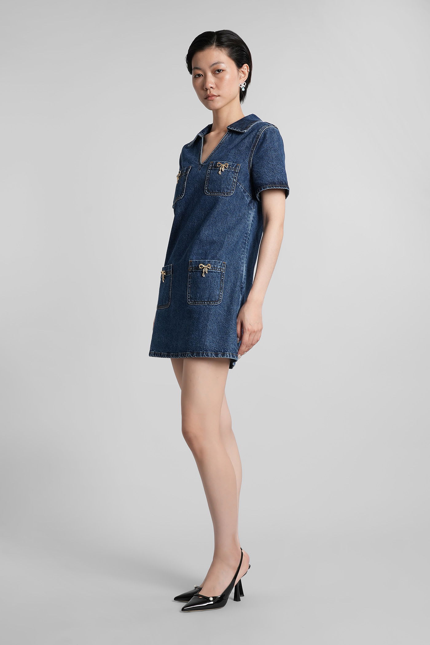 Self-portrait Denim Crystal Bow Mini Dress In Blue