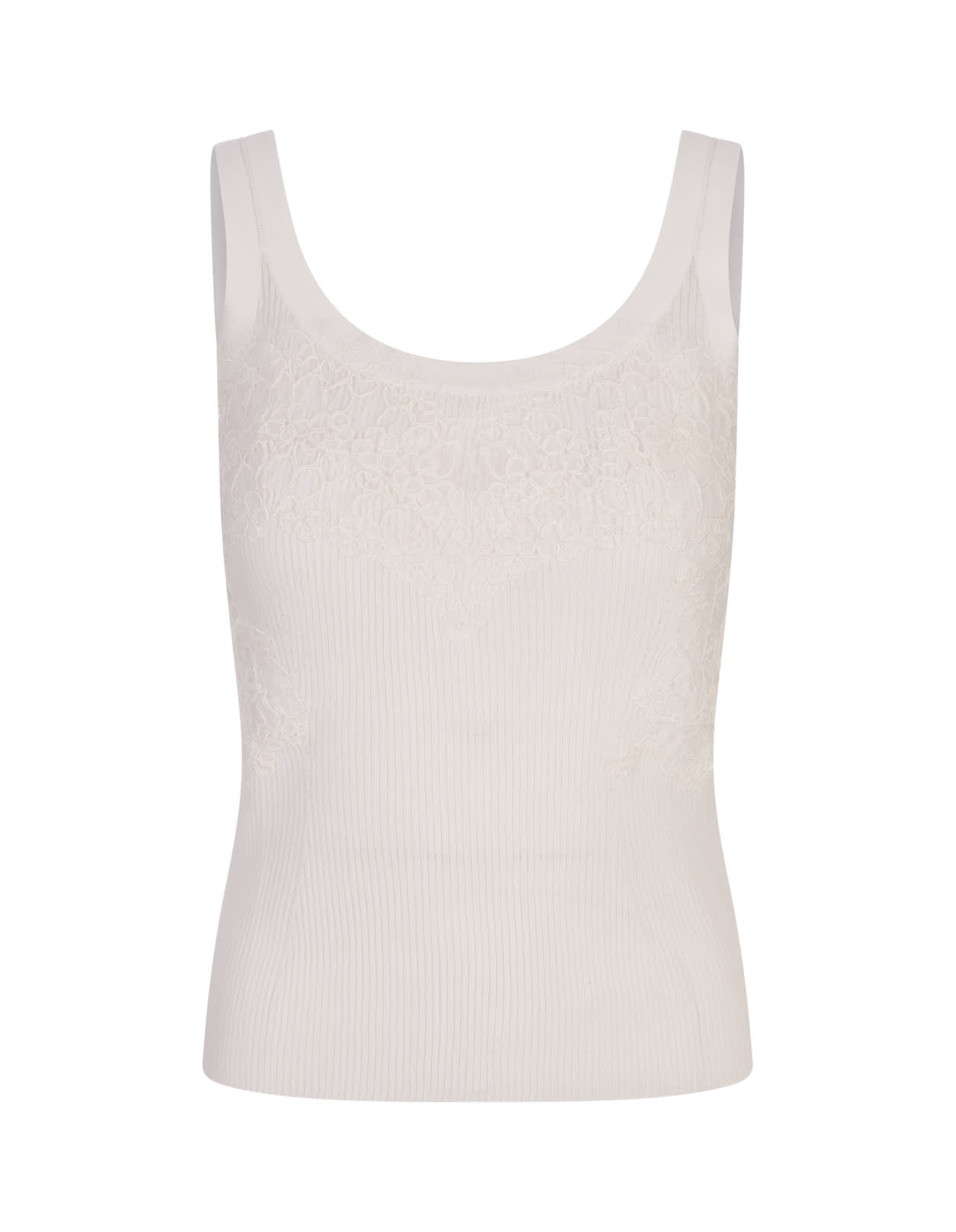 White Ribbed Tank Top With Lace
