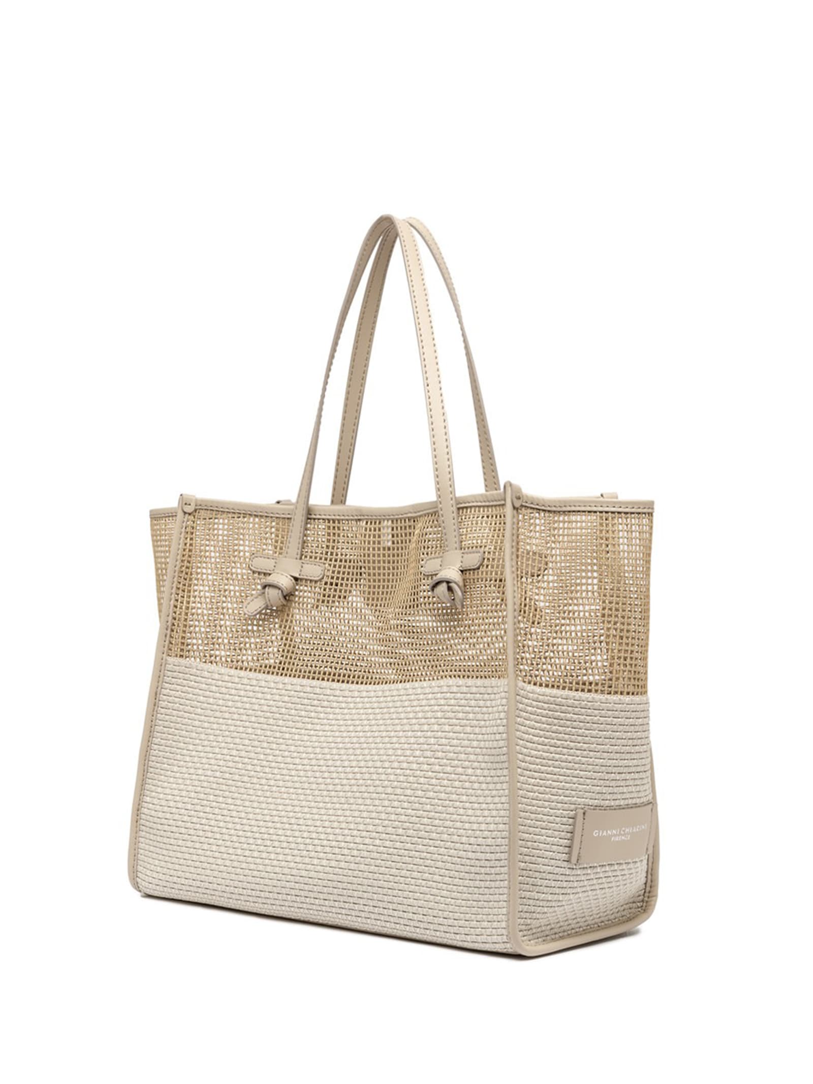 Shop Gianni Chiarini Marcella Shopping Bag In Two-color Mesh Effect Fabric In Panna