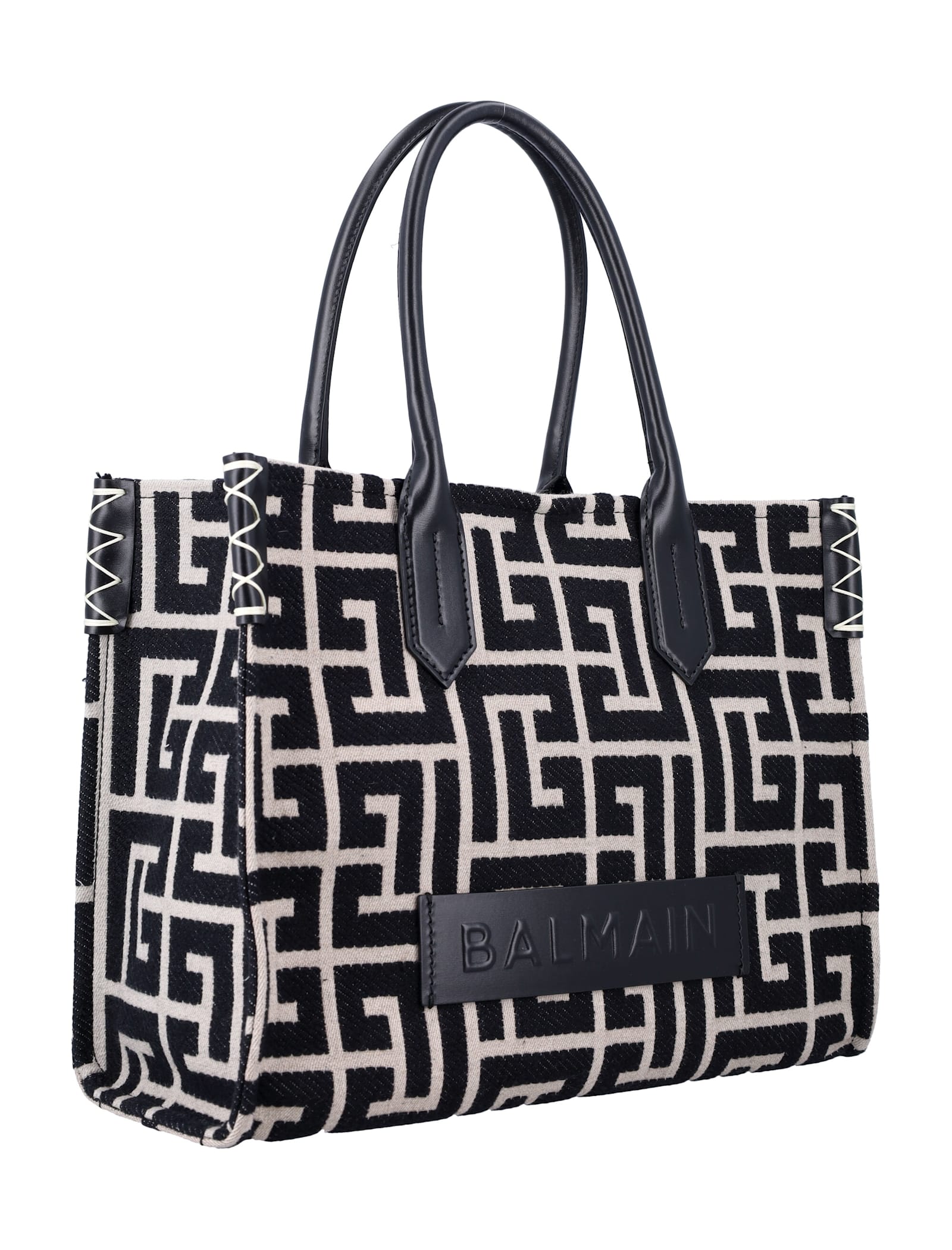 Balmain B-army Shopper 36 Bag In Pb Labyrinth Jacquard In Black/ivory