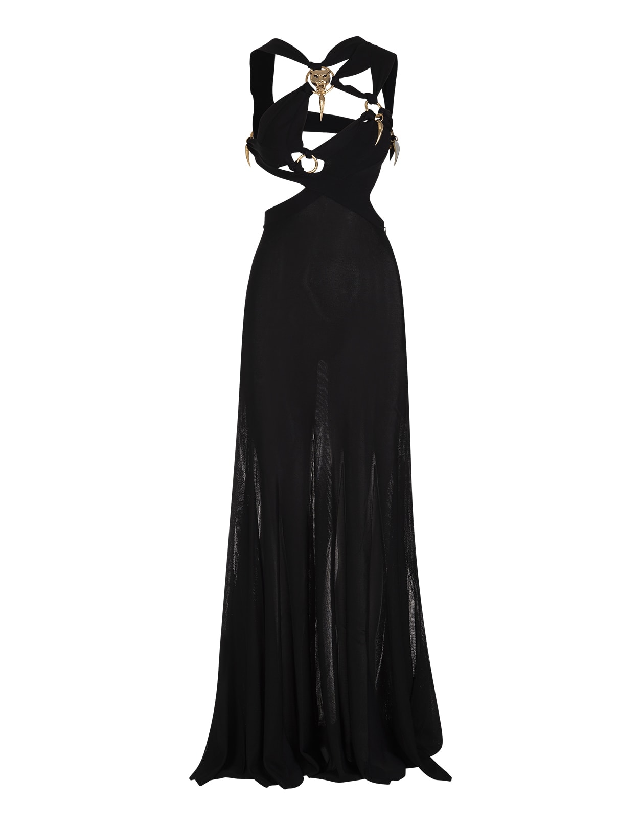 Roberto Cavalli Long Black Dress With Asymmetrical Bodice And Golden Details