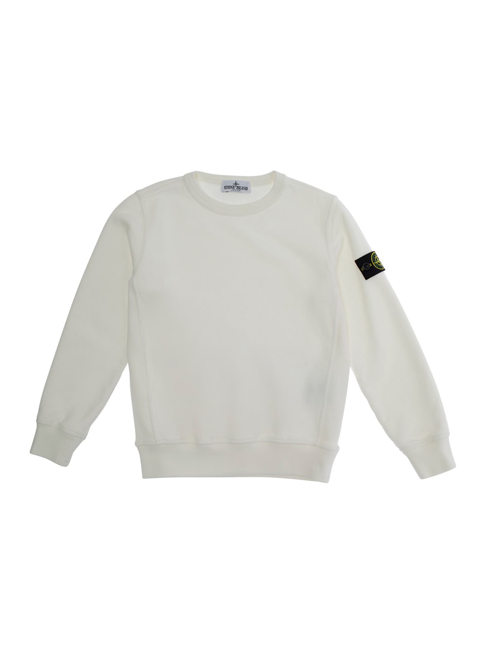Stone Island White Crewneck Sweatshirt With Logo Patch On The Sleeve In Cotton Boy In Neutral