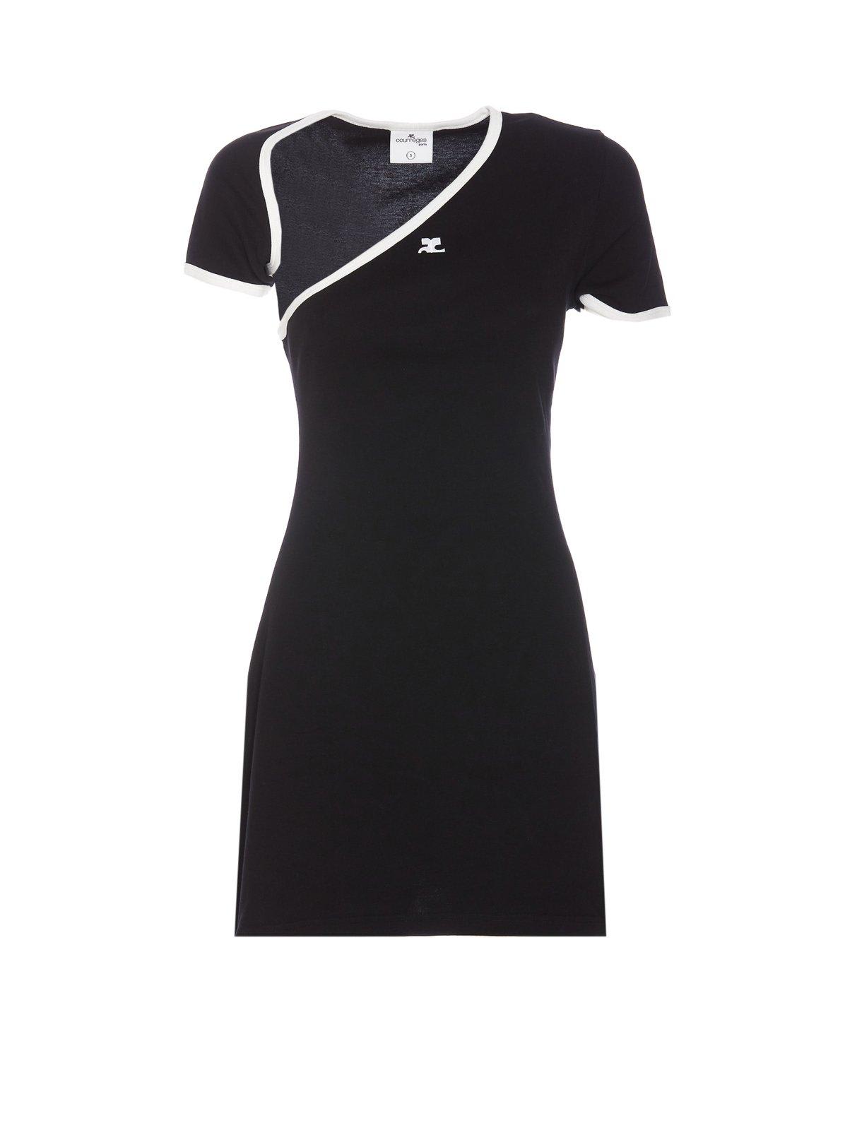 Shop Courrèges Asymmetric-neck Contrasted Trim Mini Dress In Black