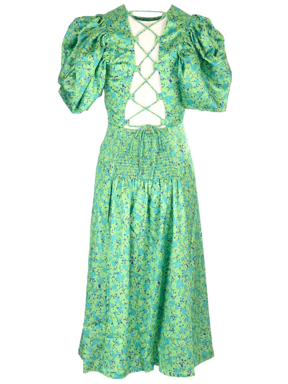 Shop Rotate Birger Christensen Midi Dress With Puff Sleeves In Green