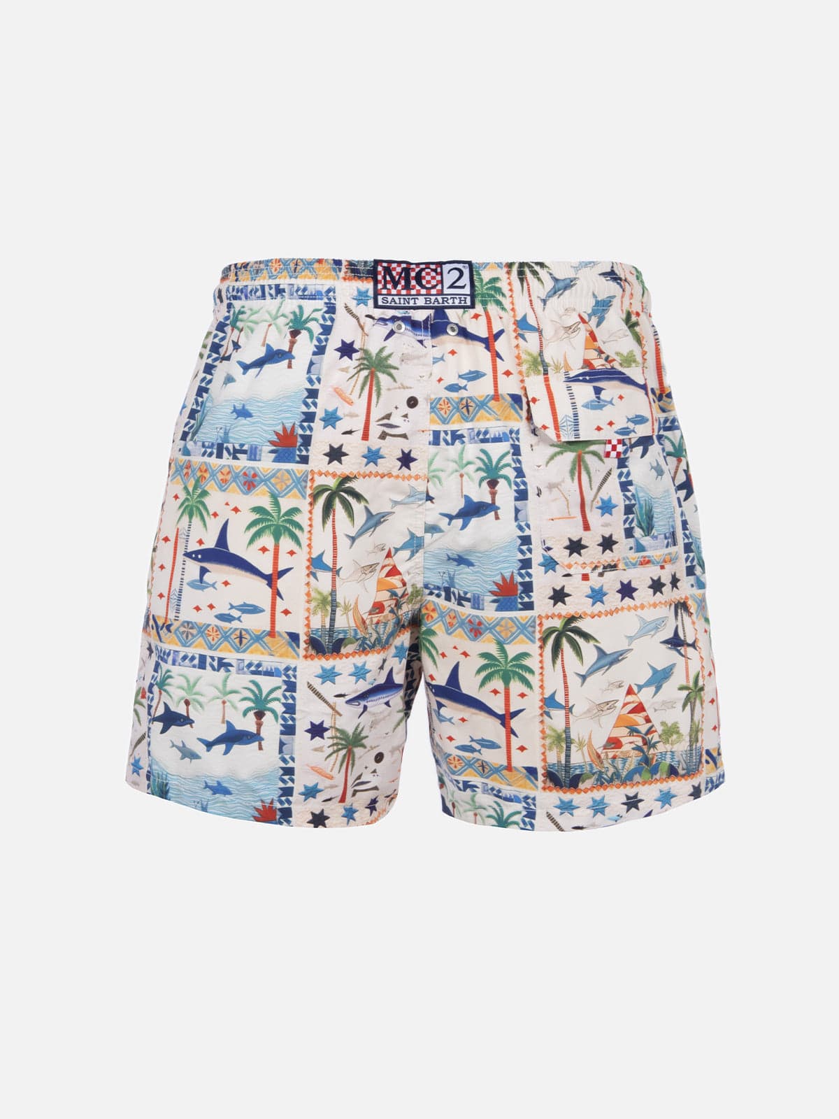 Shop Mc2 Saint Barth Man Mid-length Gustavia Swim-shorts With Egyptian Shark Print Ai Co-created Design By Rickdick - Pow In White