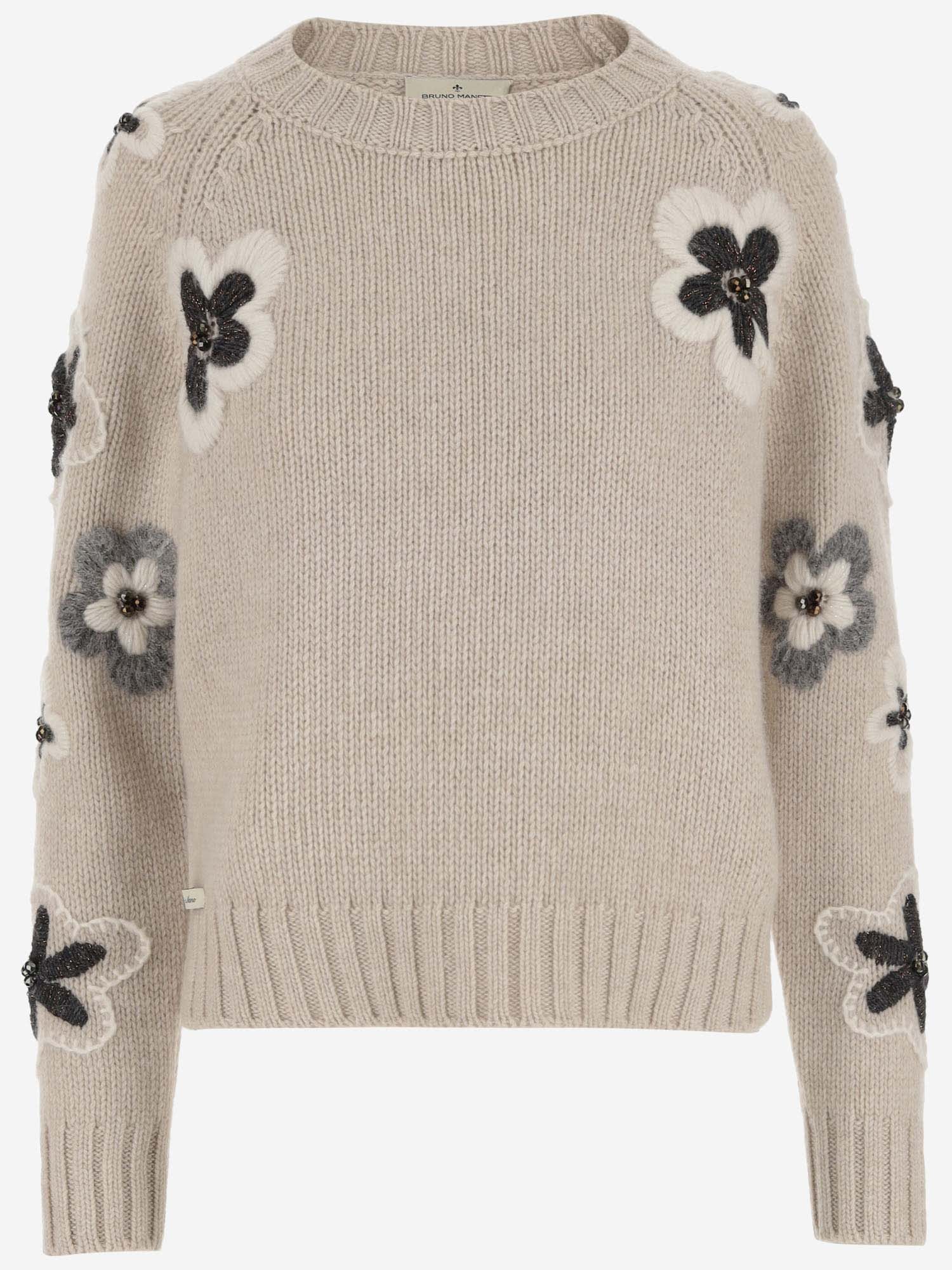 Shop Bruno Manetti Wool Blend Sweater With Flowers In Beige