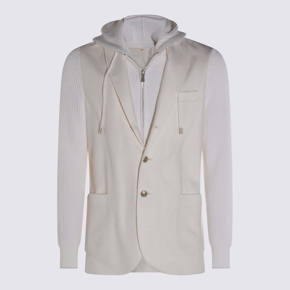 Eleventy Hooded Blazer With Front Pockets And Ribbed Sleeves In White
