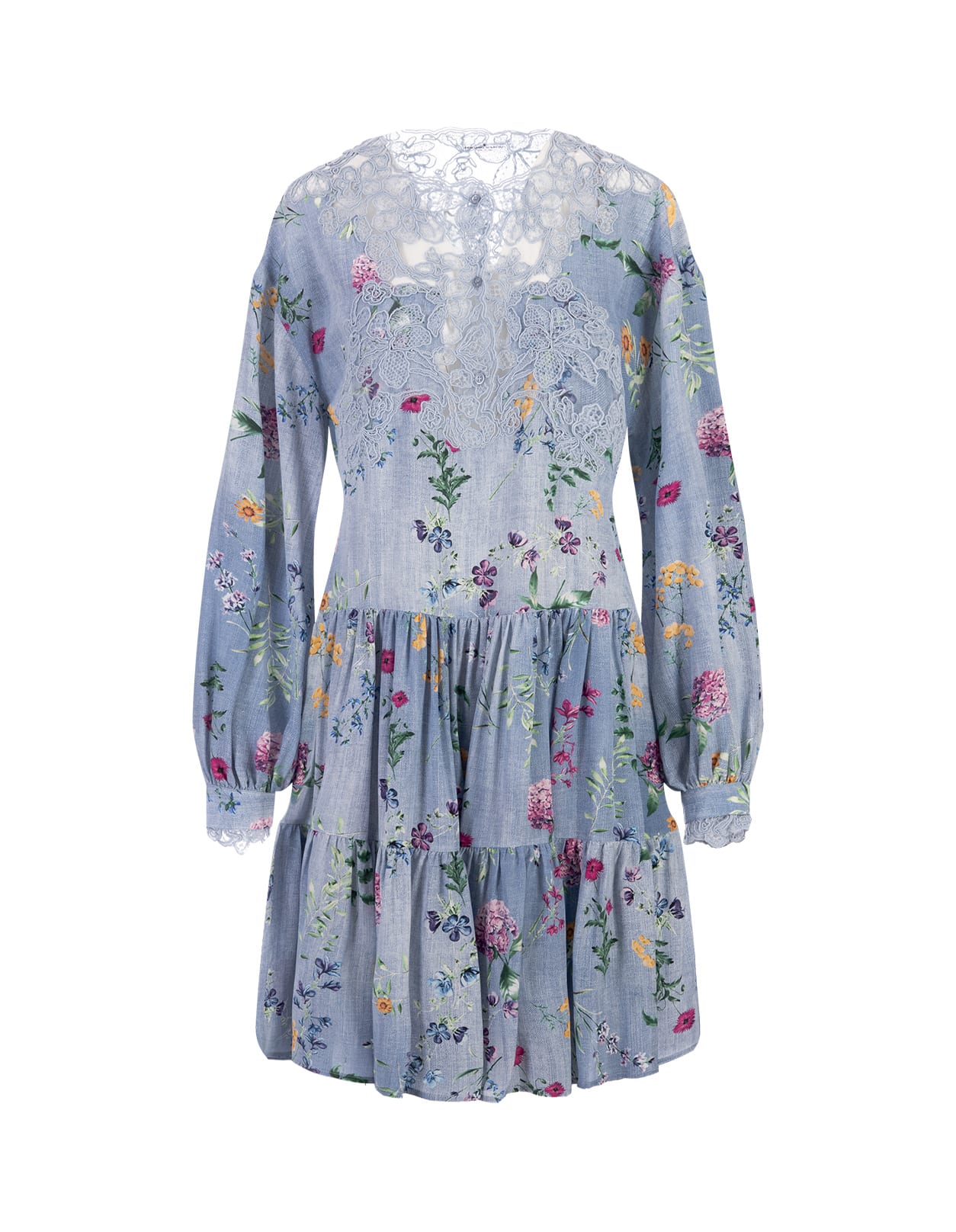 Floral Silk Short Dress With Lace
