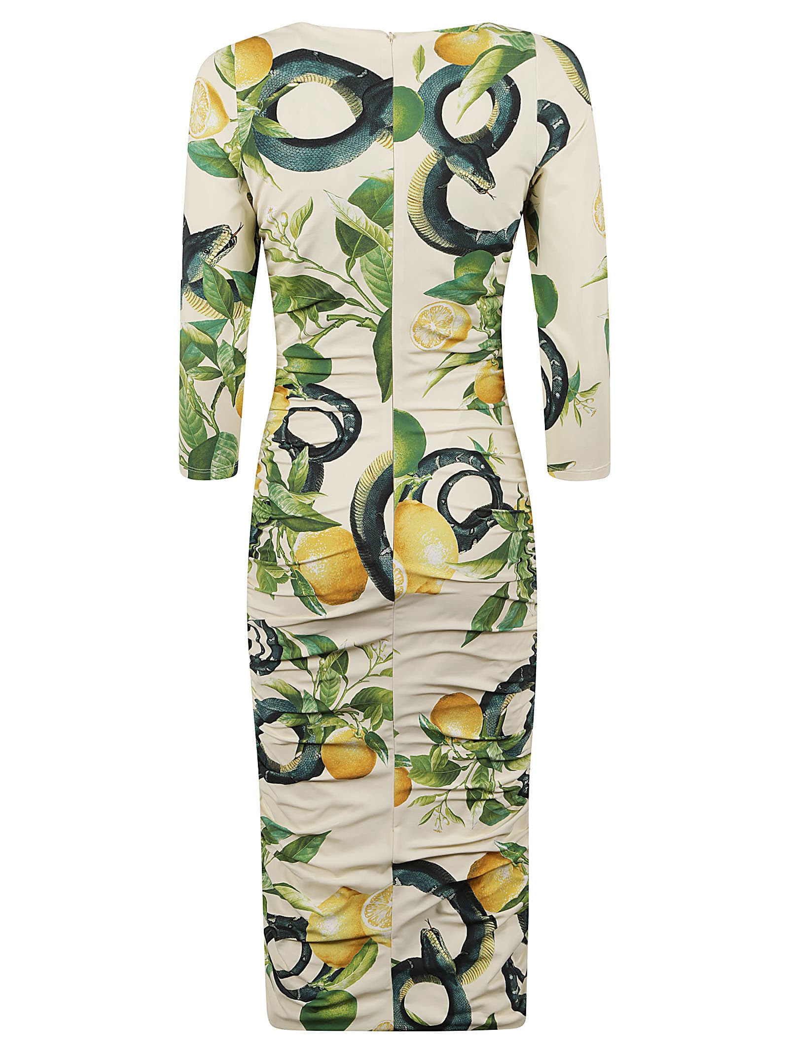 Shop Roberto Cavalli Snake Lemon Print V-neck Dress In Avorio