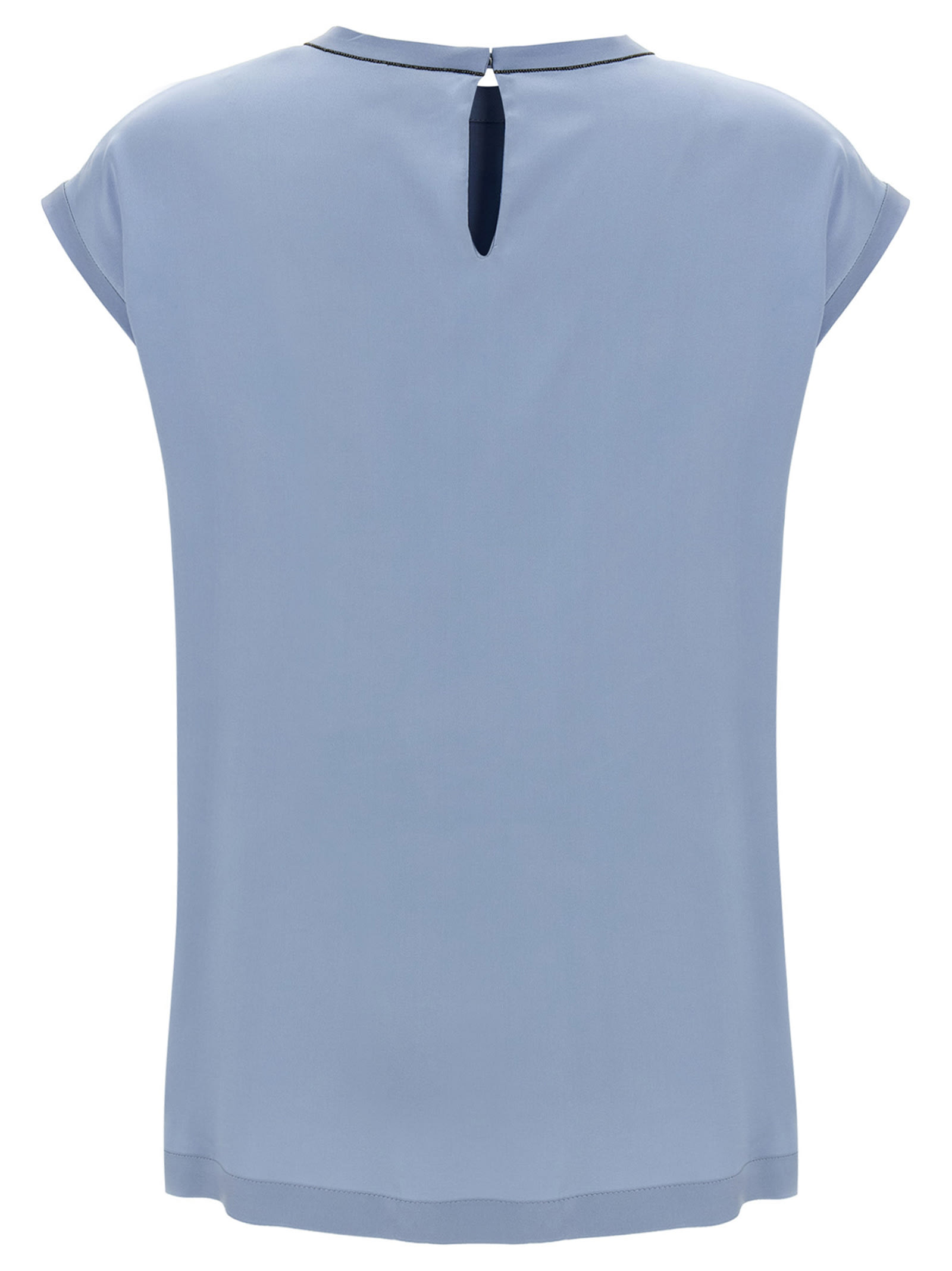 Brunello Cucinelli Silk Cap Sleeve T-shirt With Keyhole Back In Blue