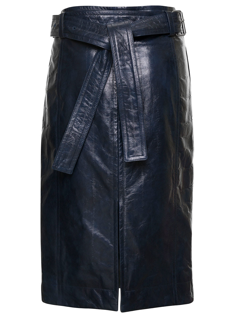 Shop Bottega Veneta Midi Belted Wrap Skirt In Leather In Blu