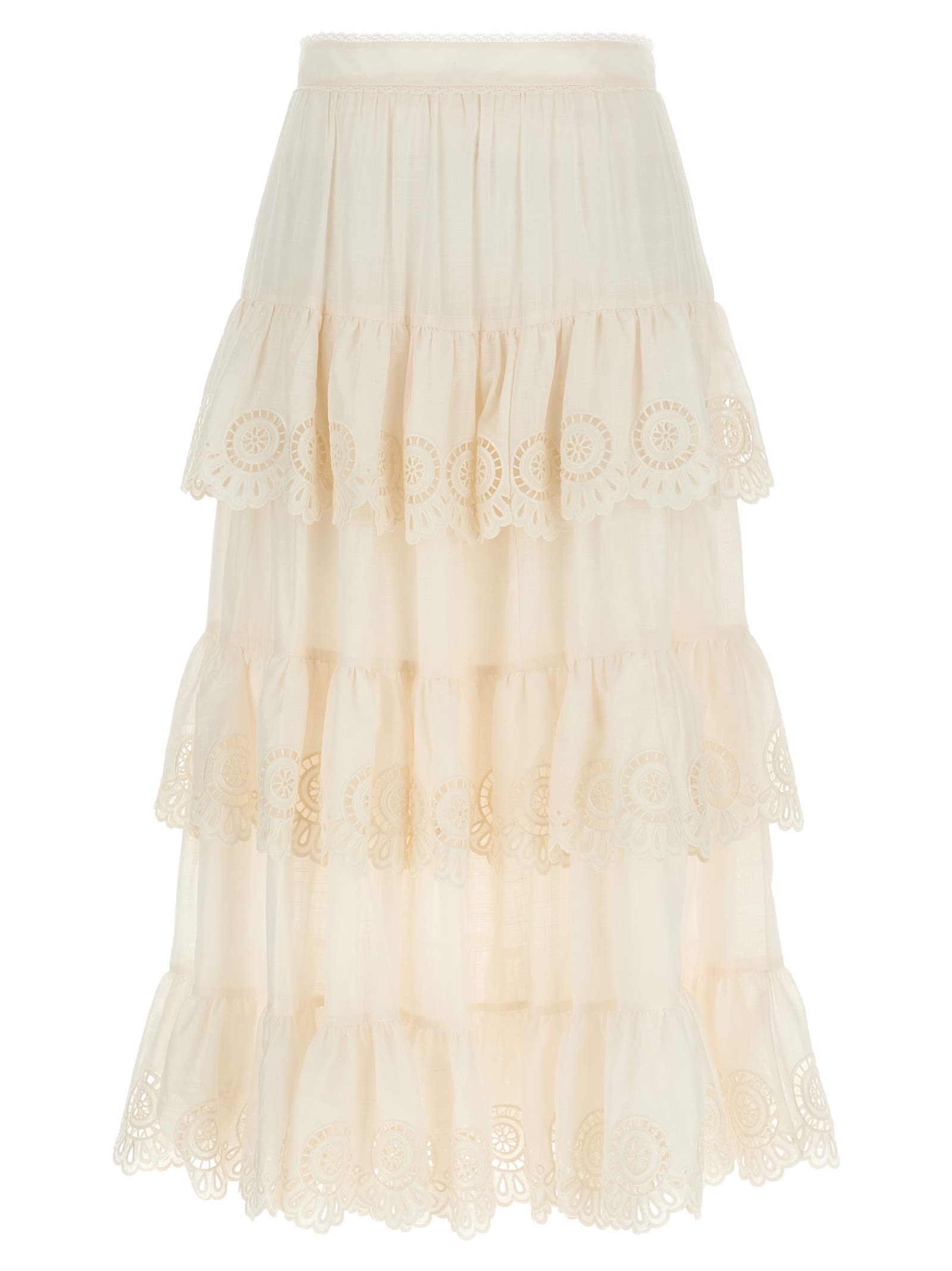 Zimmermann Women Ivory Embroidered Cotton Lucky Tiered Midi Skirt In Neutral