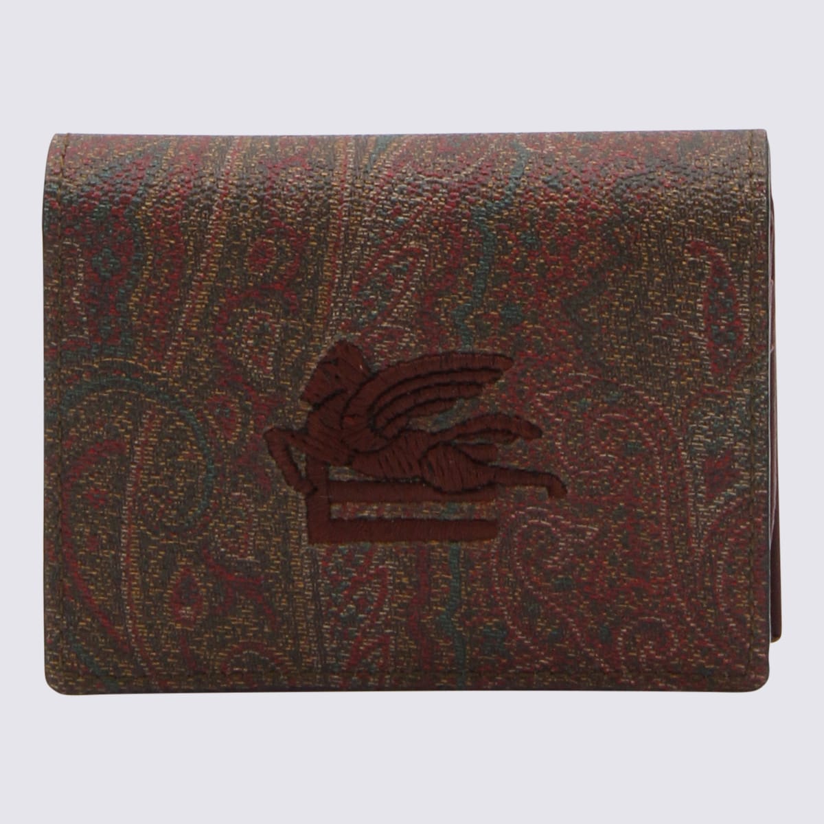 Etro Dark Red Leather And Multicolour Canvas Cardholder In Brown