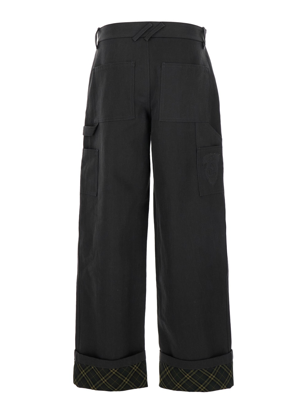 Shop Burberry Black Pants With Logo Embroidery On The Side And Turn-up Checked Hem In Cotton Man