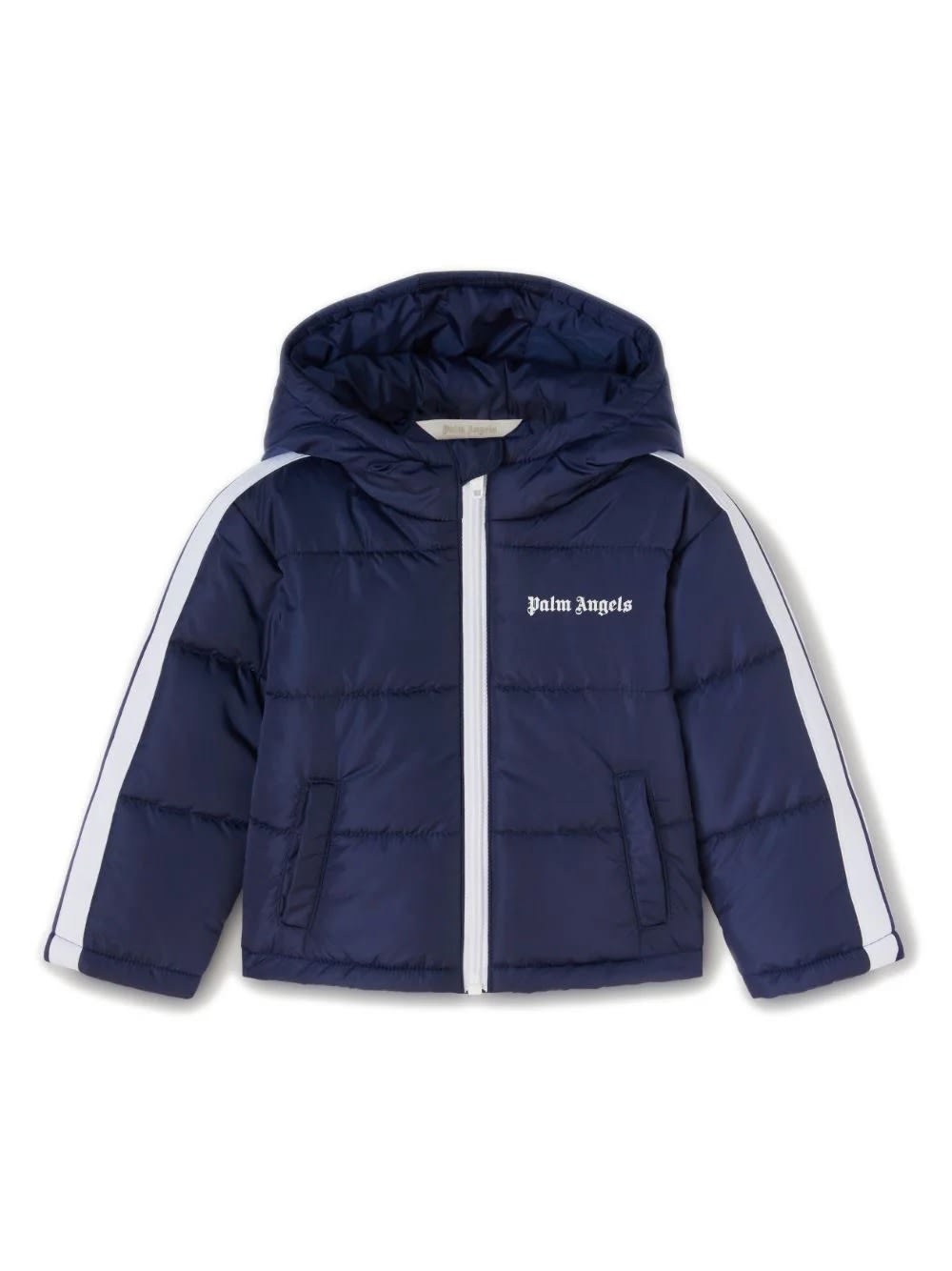 Shop Palm Angels Blue Puffer Jacket With Logo