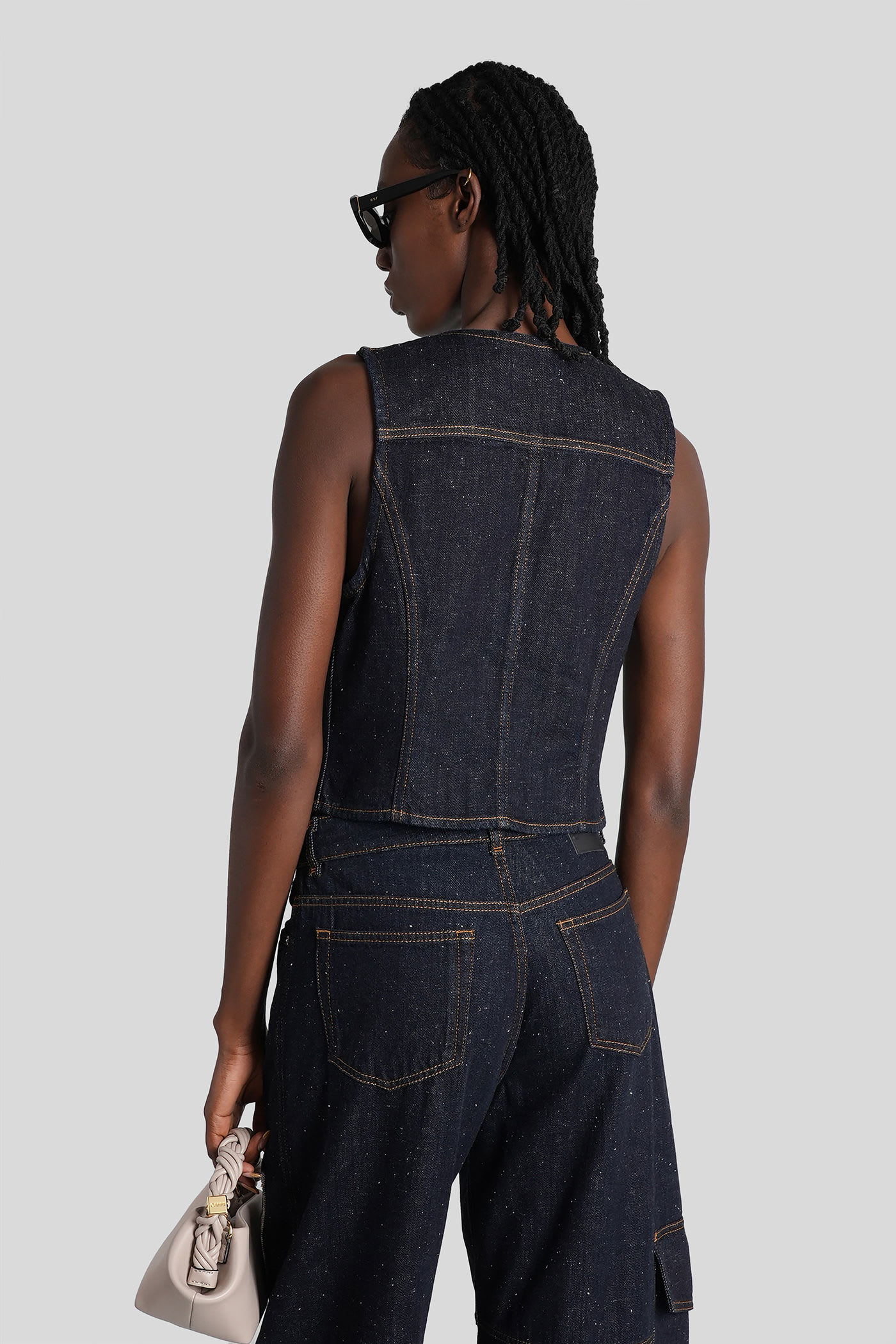 Ganni Neppy Checked Tweed-trimmed Organic Denim Vest In Blue
