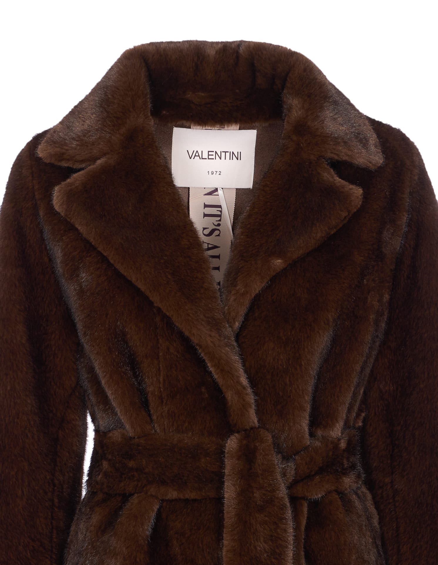 Valentini 1972 Brown Coat With Waist Belt In Faux Fur Woman In Brown