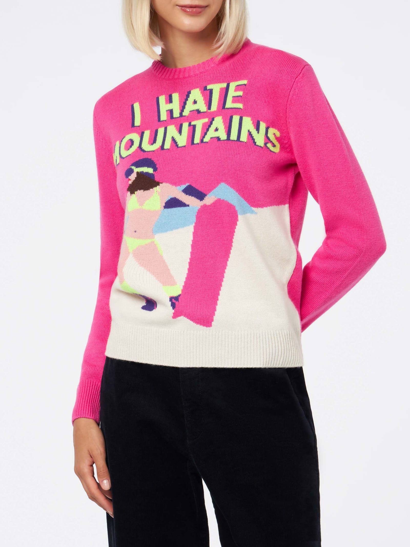 Shop Mc2 Saint Barth Woman Crewneck Fluo Pink Sweater With I Hate Mountains Postcard Print