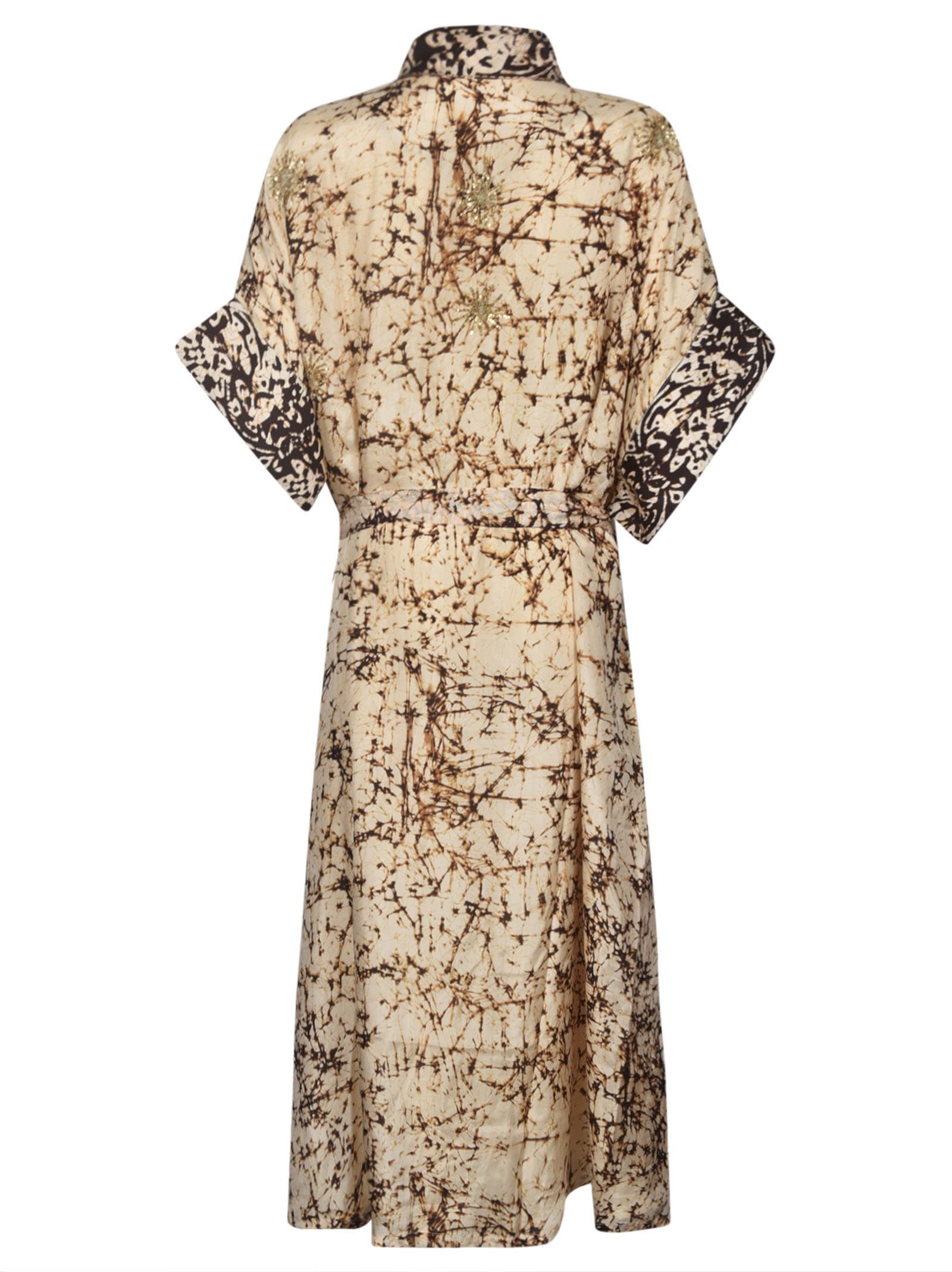 Shop Mes Demoiselles Laced Waist Printed Robe Dress In Cream/brown