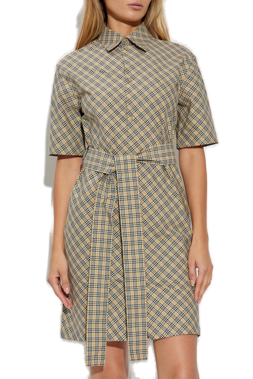 Shop Burberry Checked Belted Waist Shirt Dress In Beige