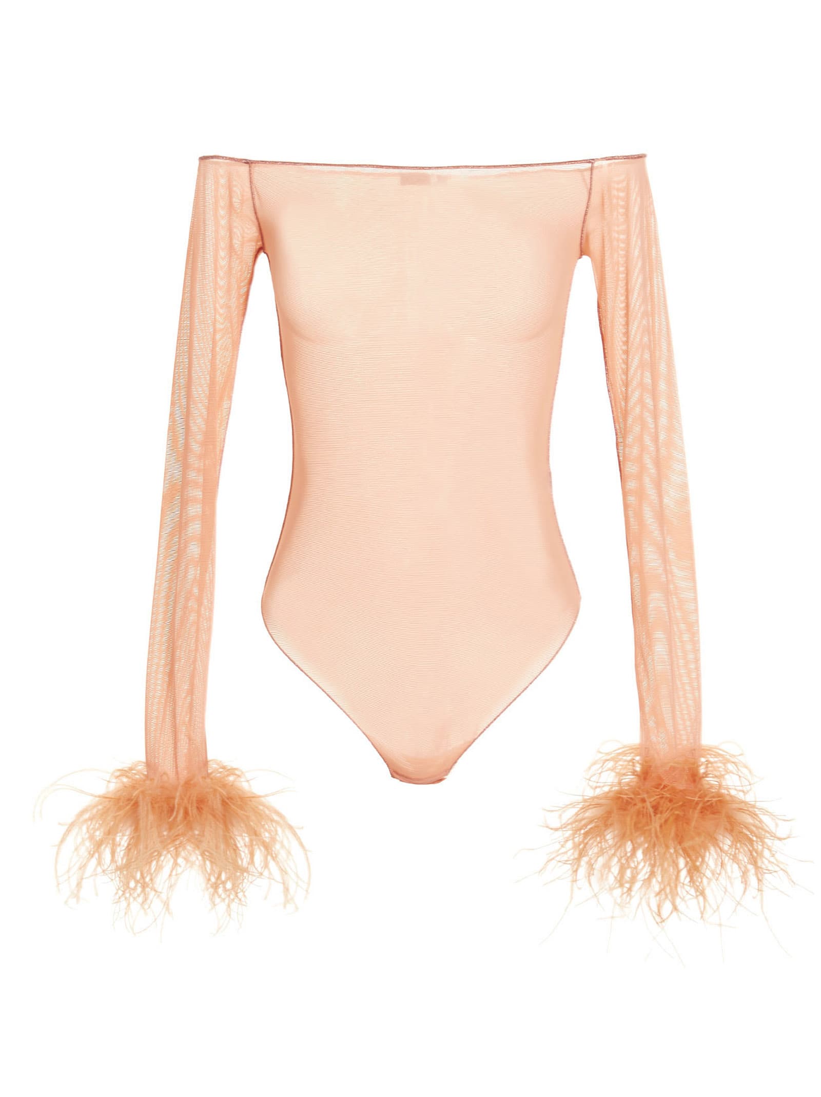 Shop Oseree Feather Transparent Mesh Bodysuit In Pink