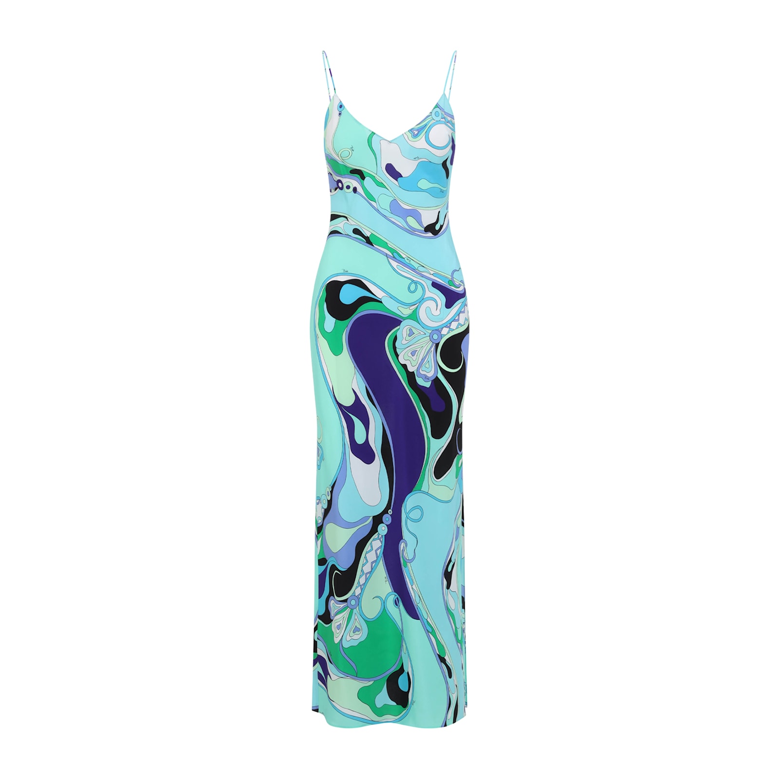 Pucci Abstract Print Maxi Dress With Spaghetti Straps In Verde Lilla