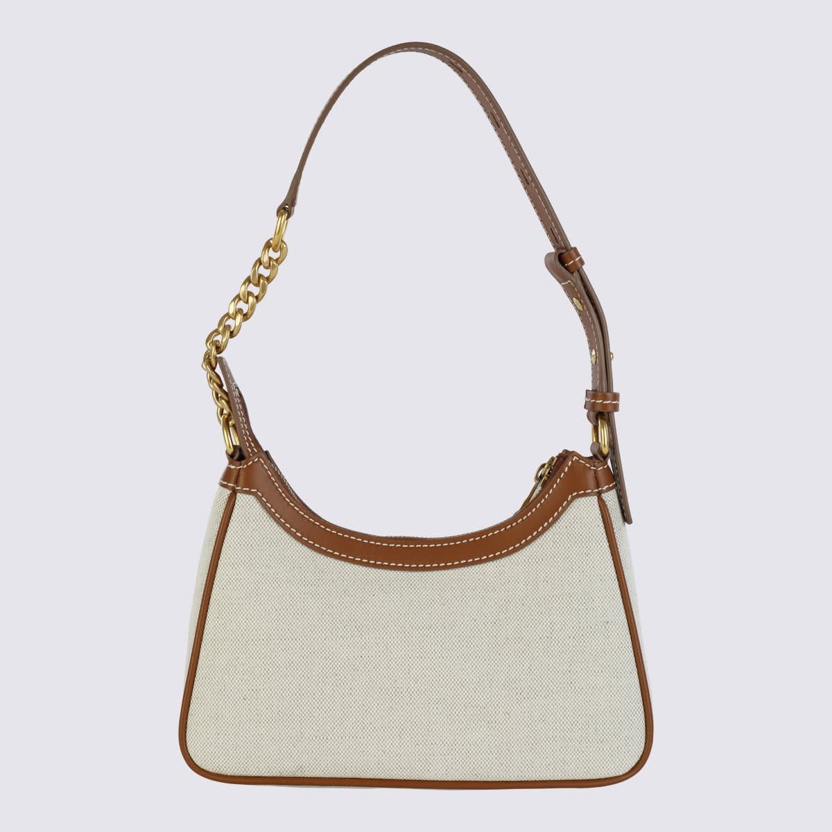 Shop Balmain Beige Canvas And Brown Leather Shoulder Bag In Natural/brown