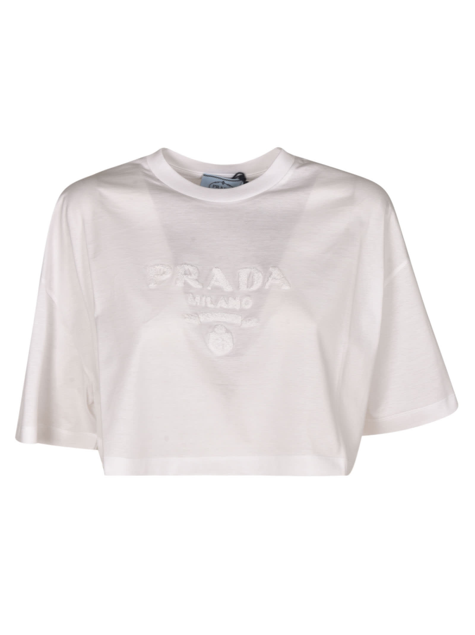 Prada Logo Embroidered Cropped T-shirt