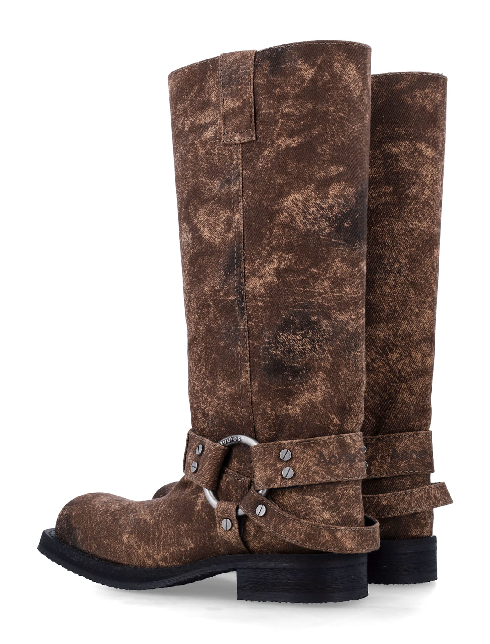 Acne Studios 35mm Balius Coated Denim Biker Boots In Rust Brown