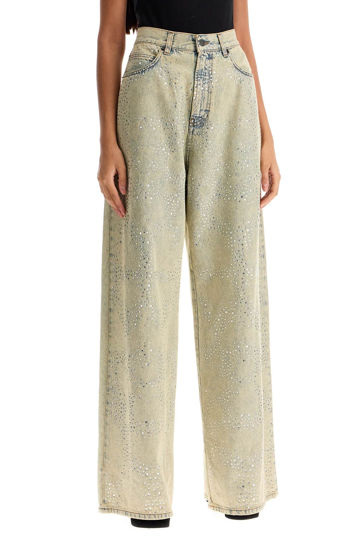 Shop Giuseppe Di Morabito Wide Leg Jeans With Rhinestones In Beige