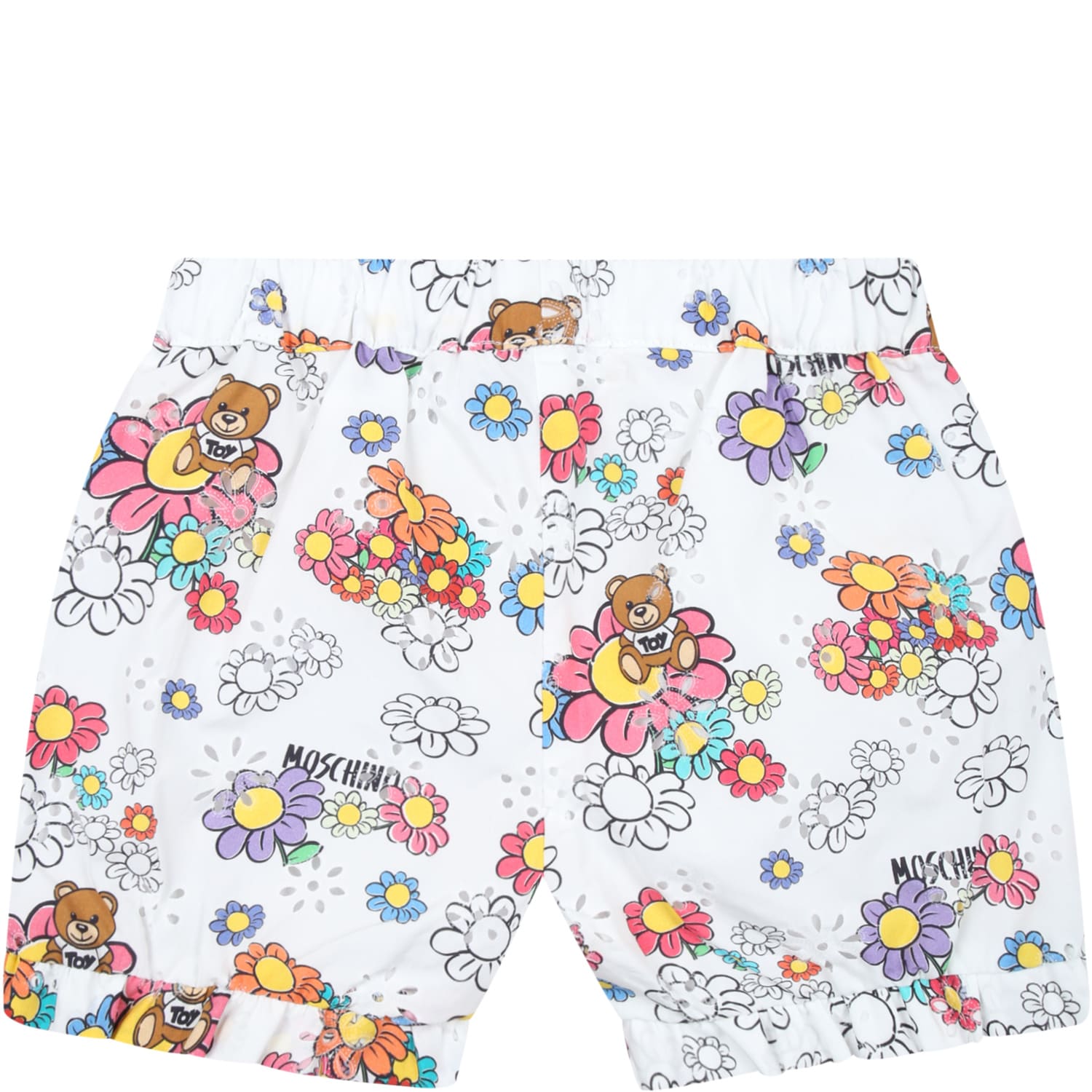 Shop Moschino White Shorts For Baby Girl With Flowers And Teddy Bear