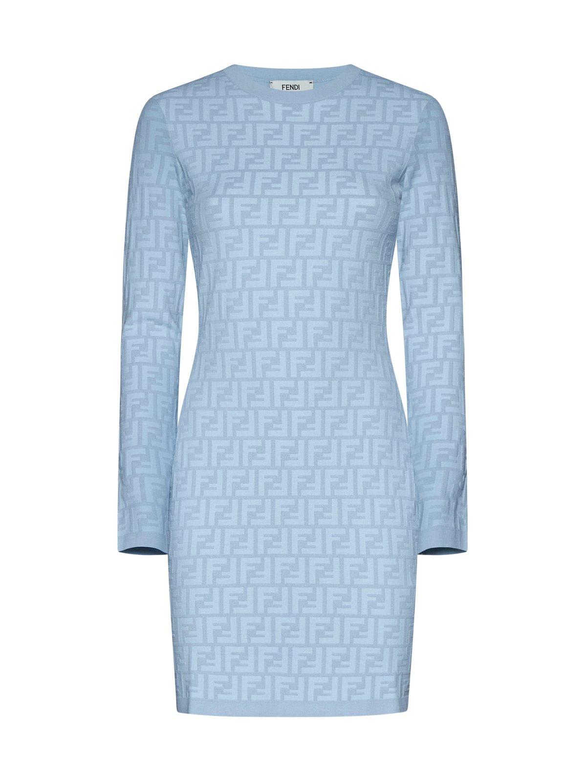 Shop Fendi Ff Jacquard Long Sleeved Crewneck Dress In Clear Blue