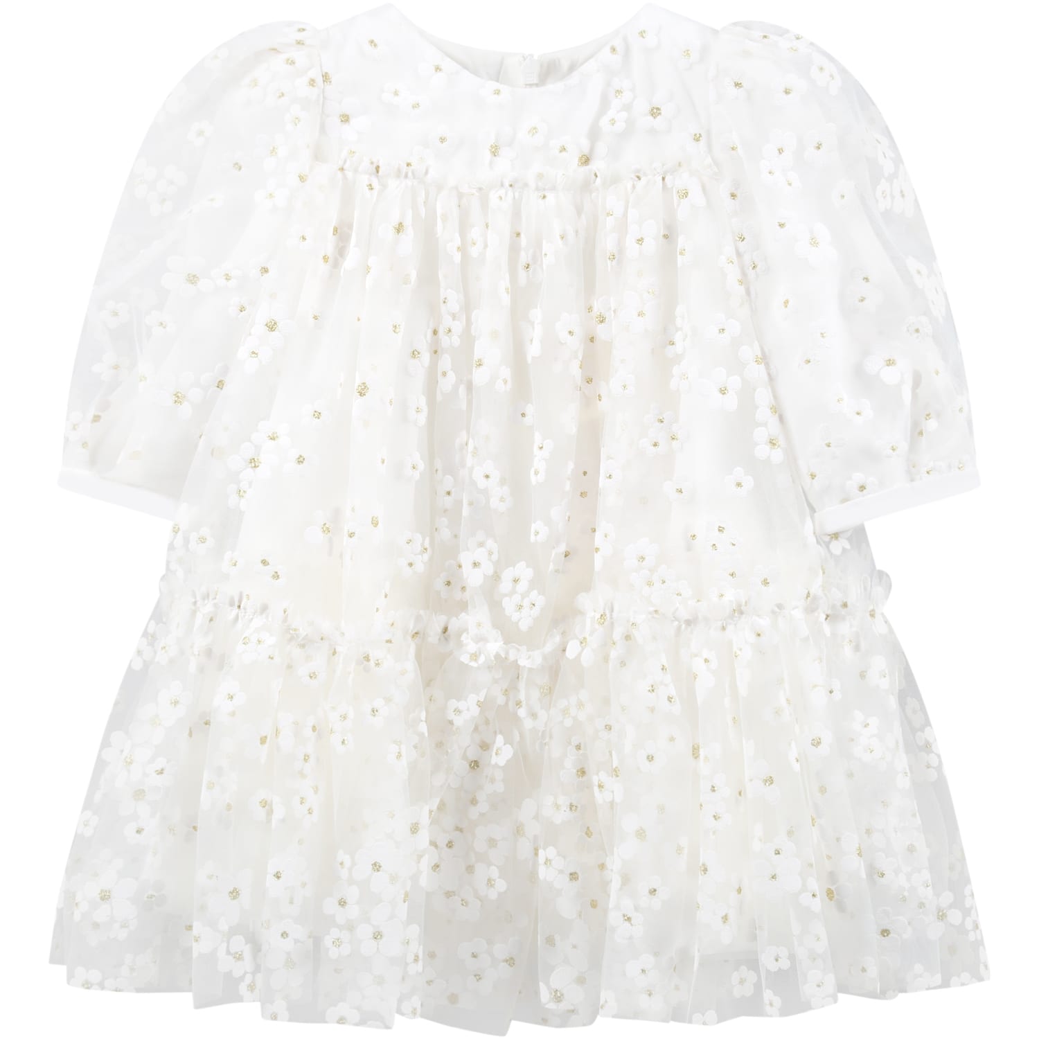 Monnalisa White Dress For Baby Girl With Flowers