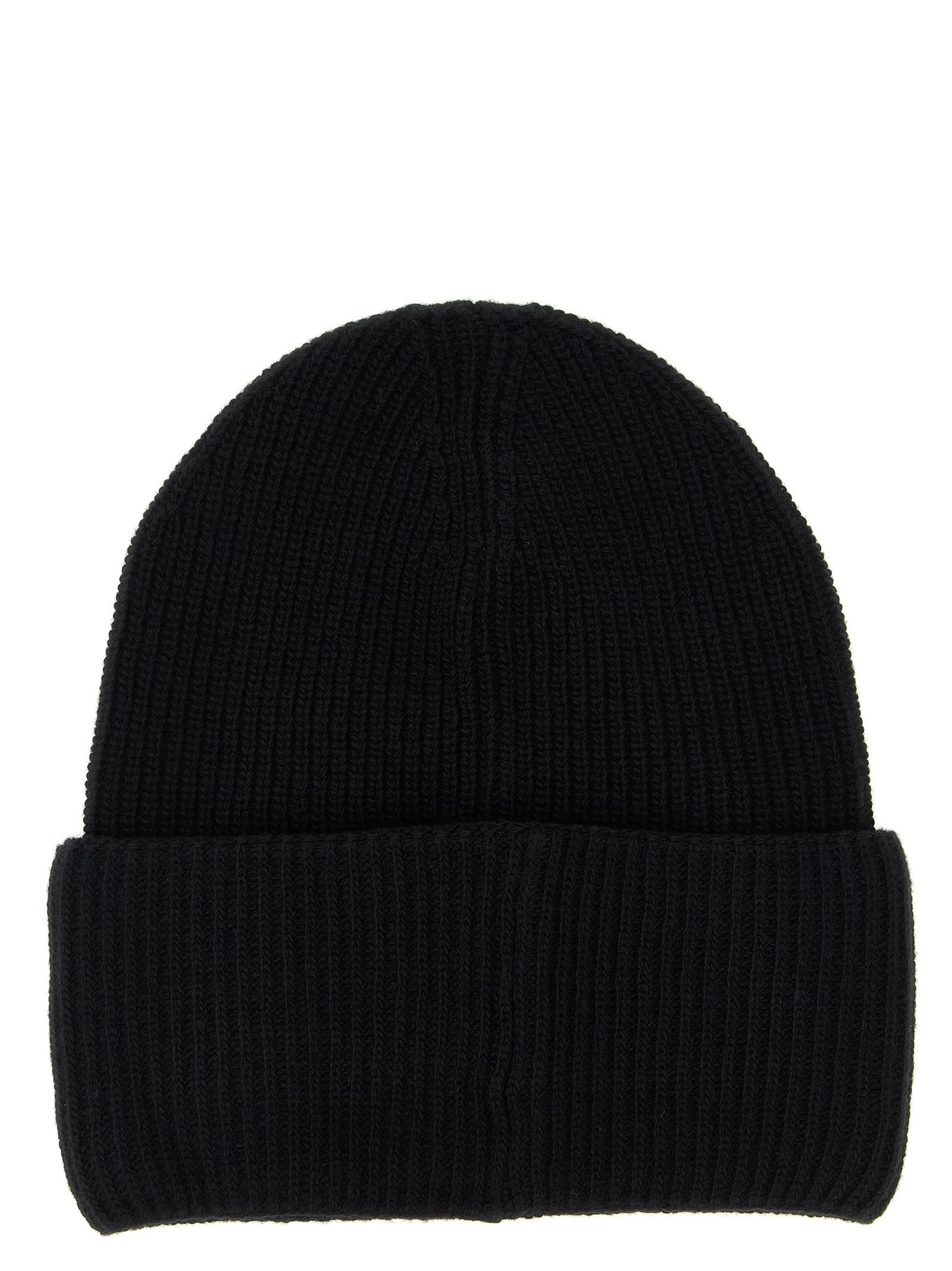 Moncler Ribbed Knit Carded Wool Beanie With Felt Logo Patch In Black