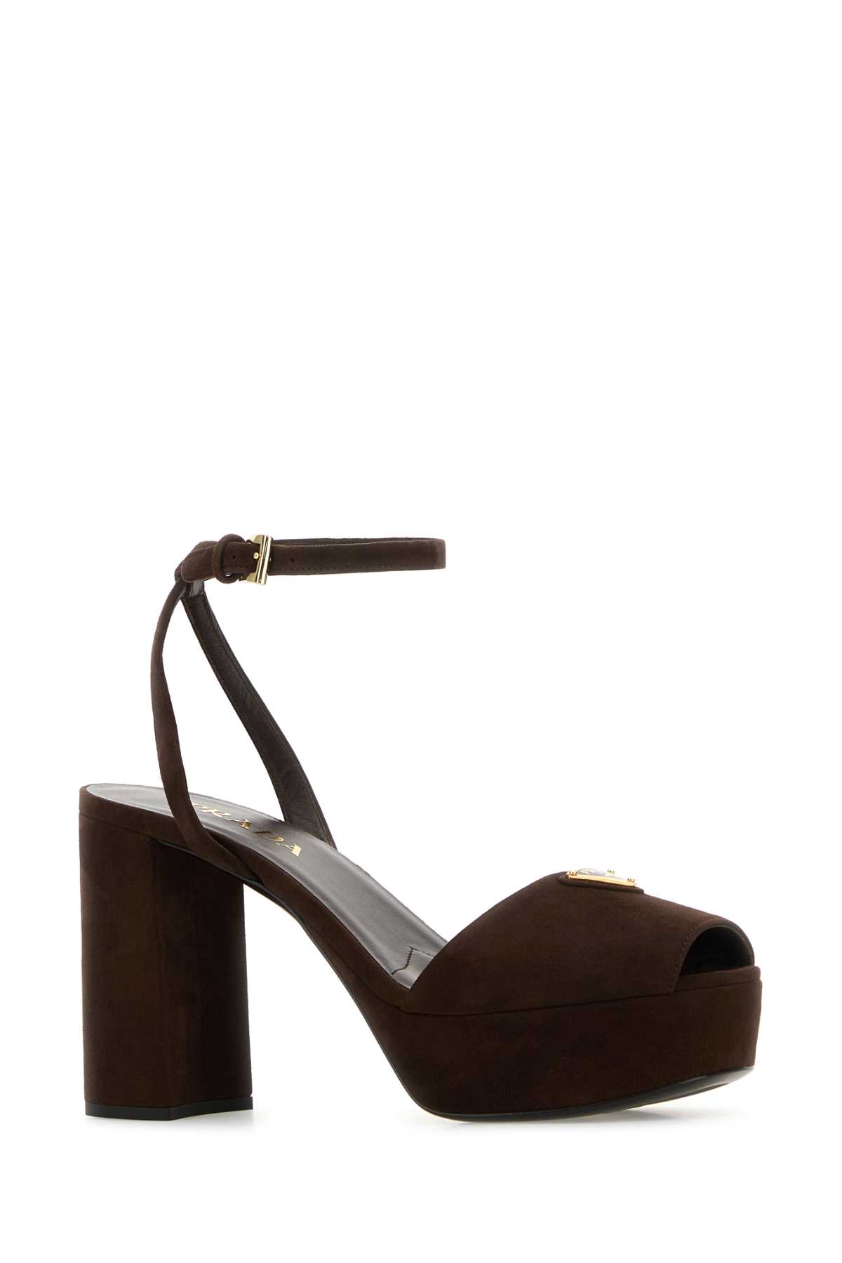 Prada Suede Block Heel Peep Toe Sandals In Brown