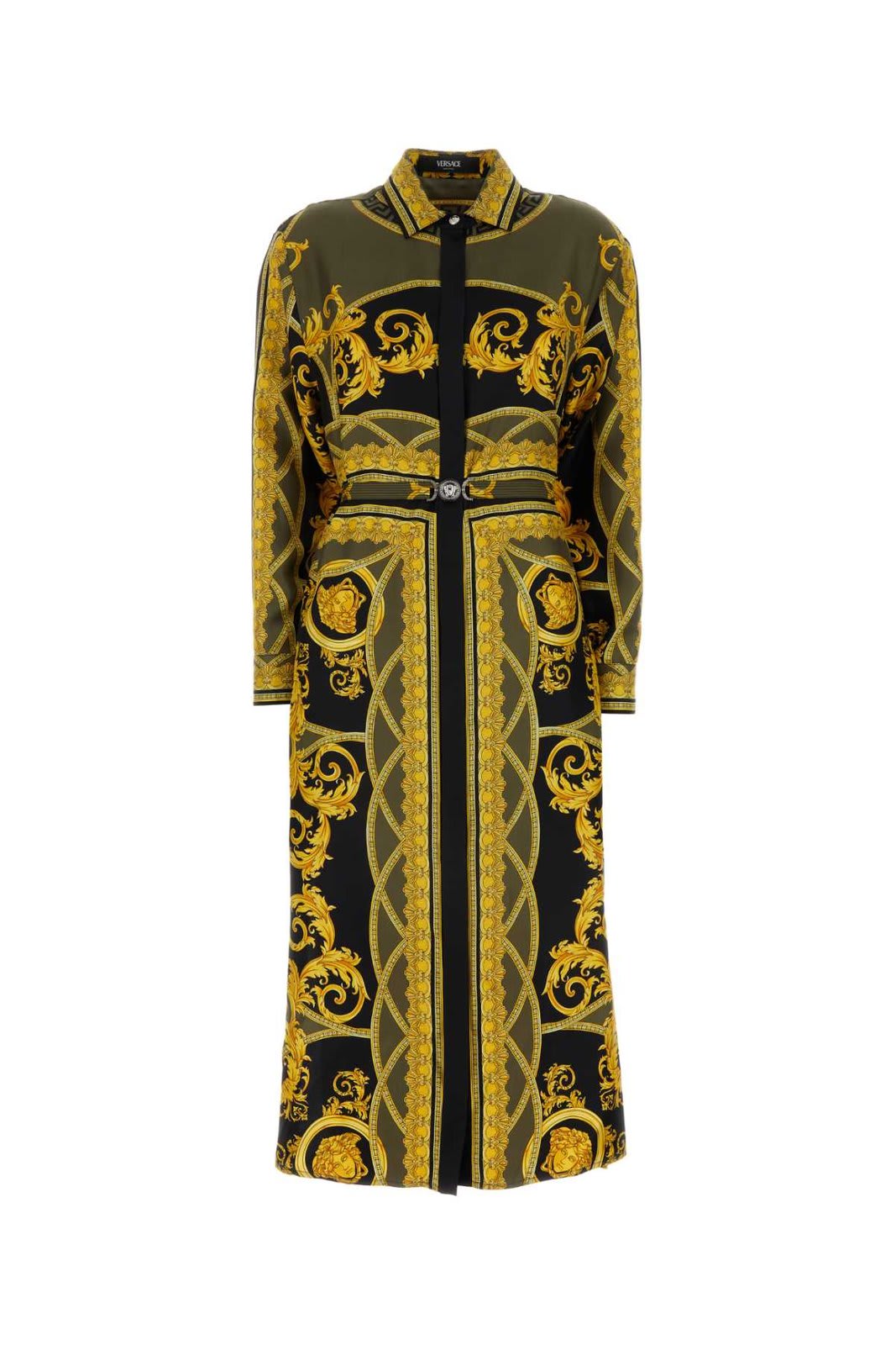 Shop Versace Barocco-printed Long-sleeved Midi Dress In Black/green