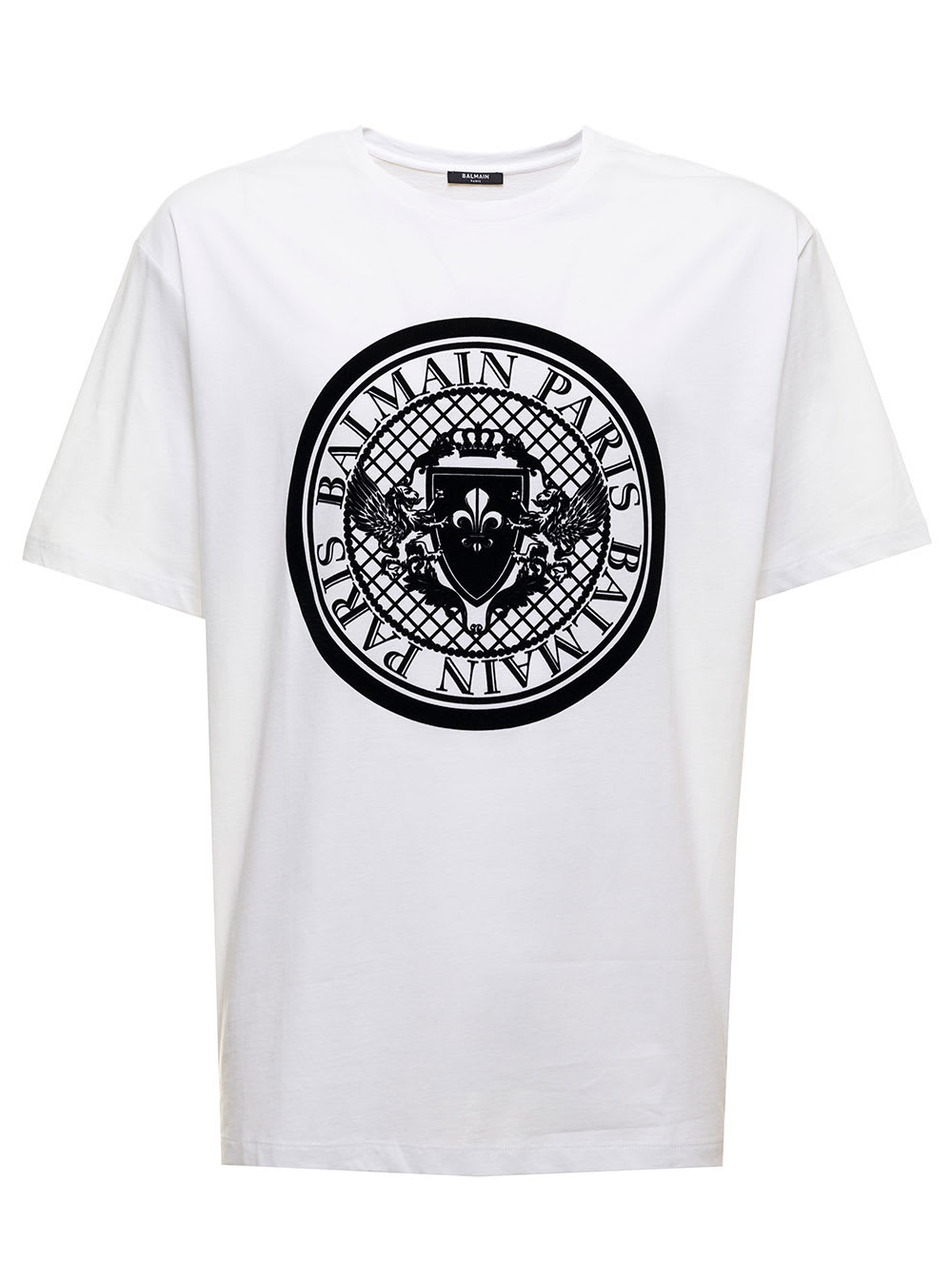 Balmain Mans White Cotton T-shirt With Coin Flock Print
