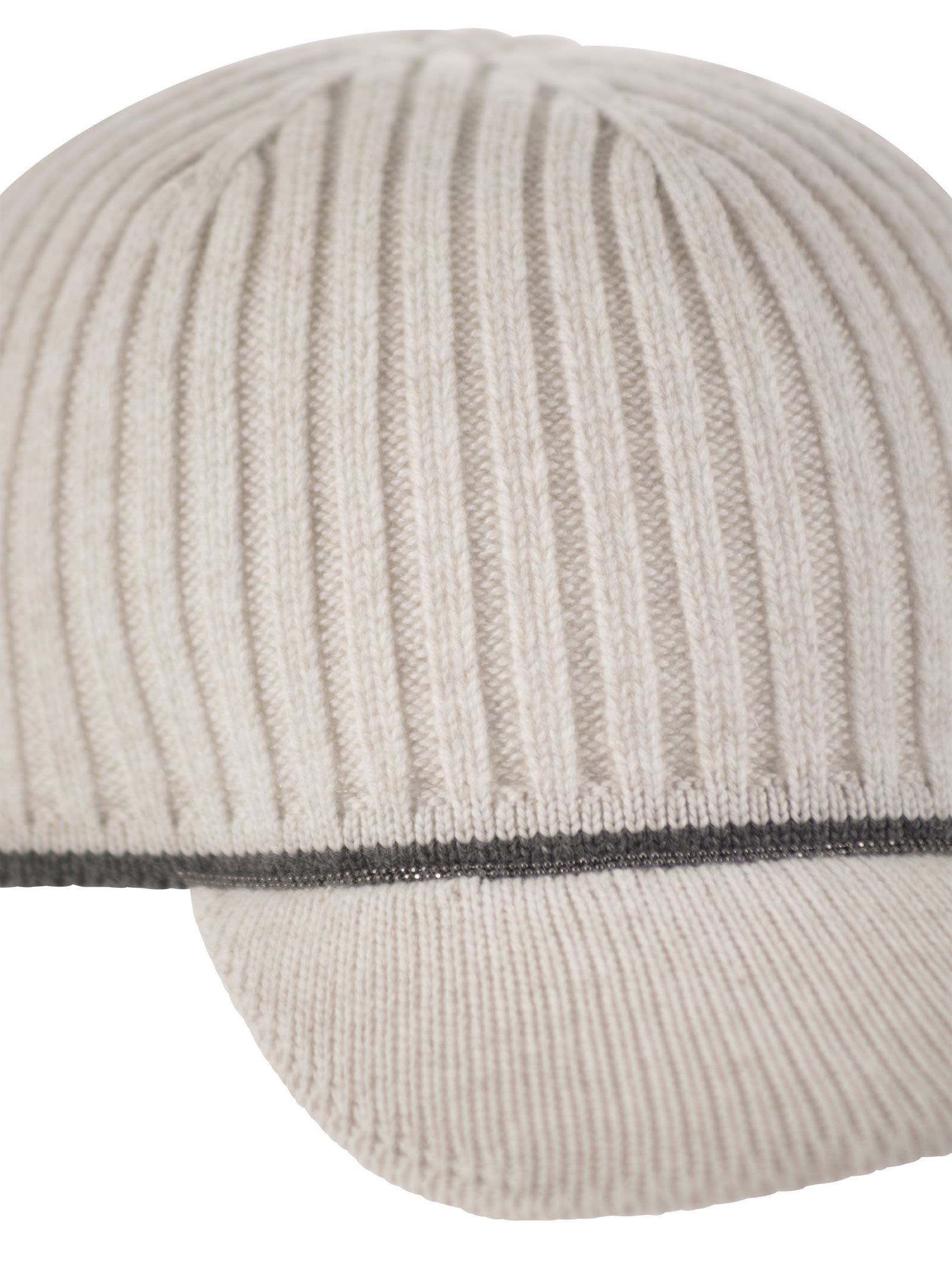 Shop Brunello Cucinelli Ribbed Virgin Wool, Cashmere And Silk Knit Baseball Cap With Jewel In Pearl