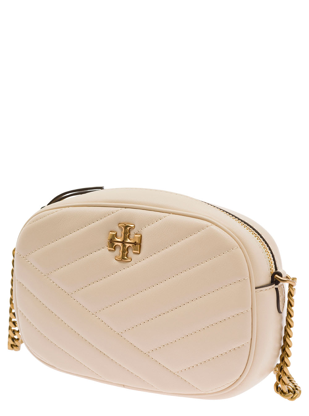 Shop Tory Burch Kira White Crossbody Bag With Double T Detail In Chevron Leather Woman
